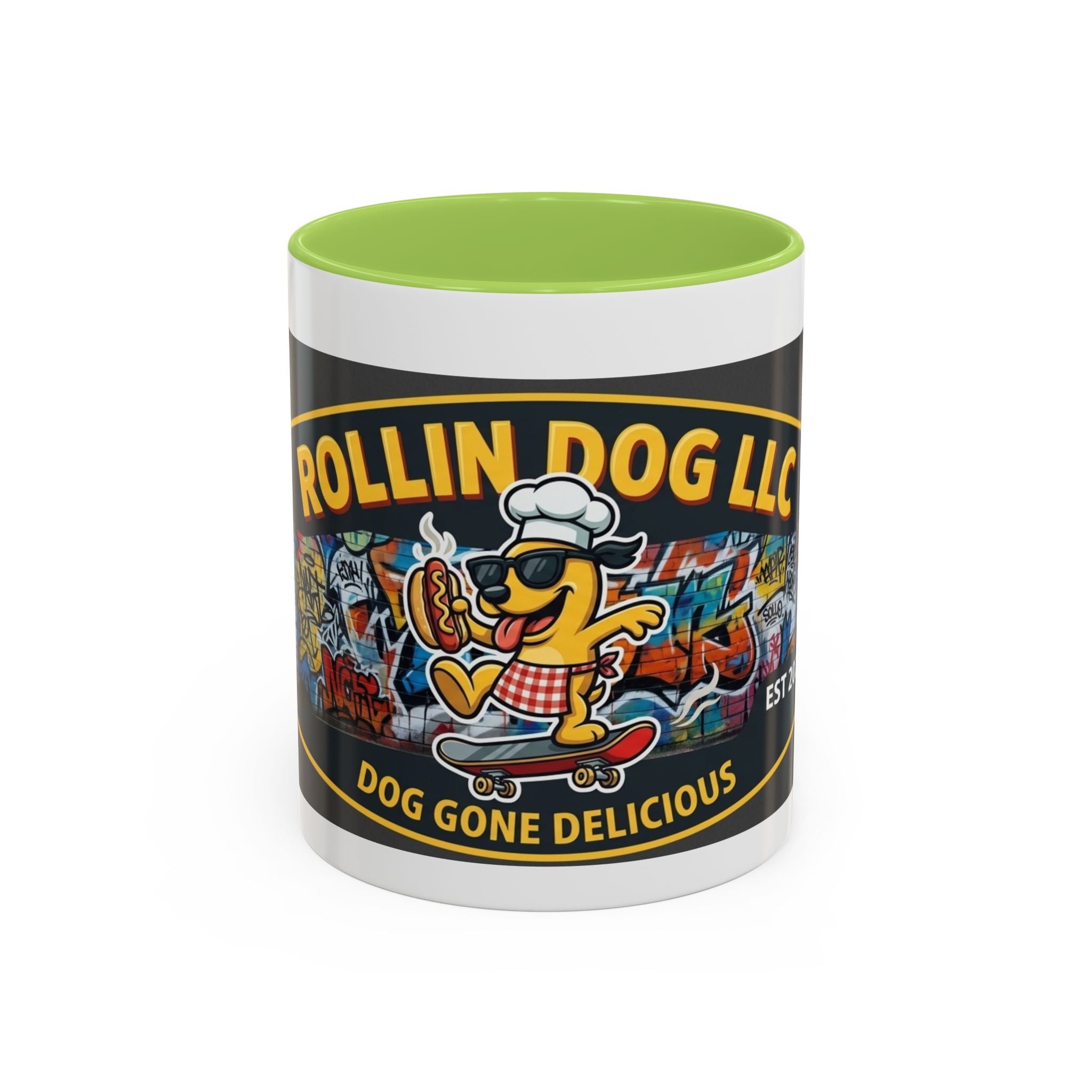 Rolling Dog Coffee Mug — 'Dog Gone Delicious' Skateboard Hot Dog Design