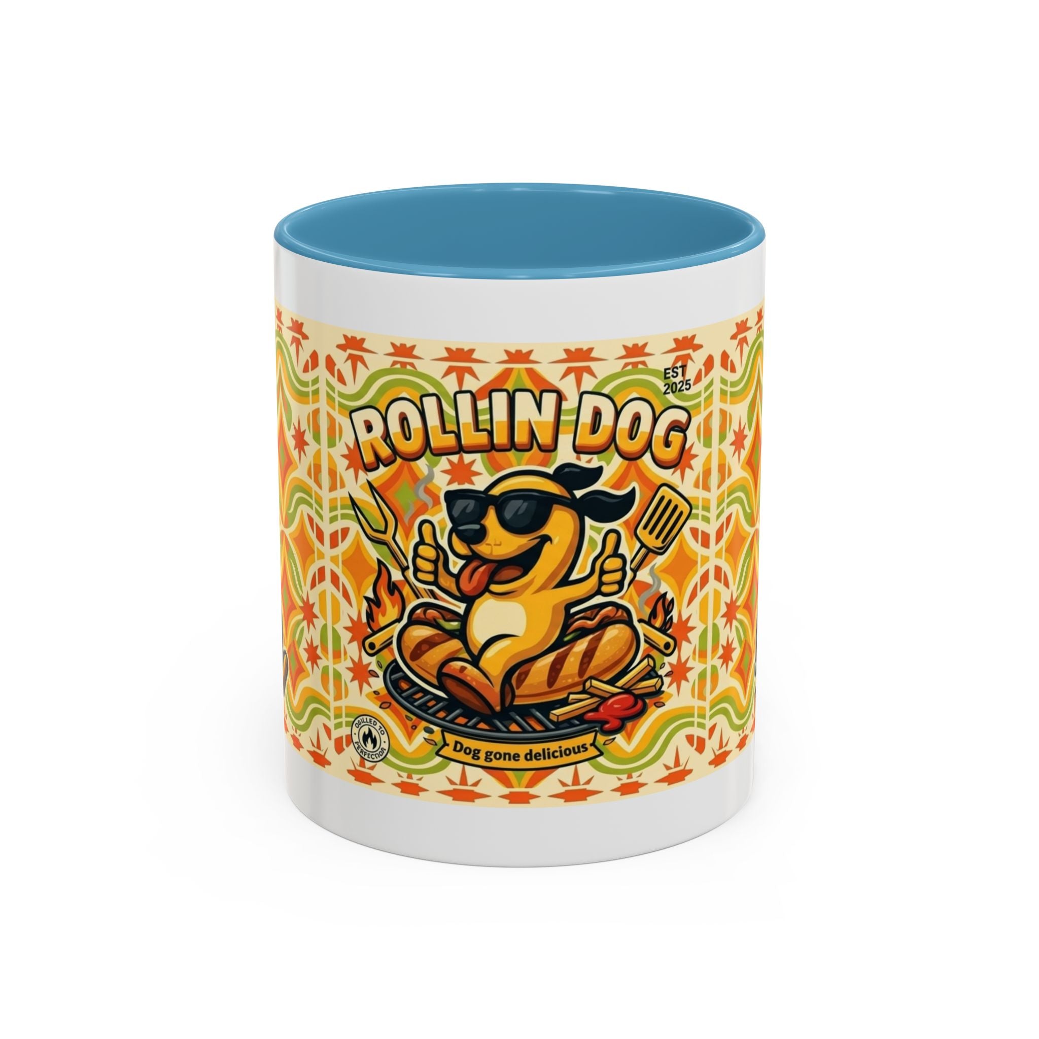 Retron Hot Dog Food Truck Accent Coffee Mug — "Rollin Dog" Retro Summer BBQ Mug (11/15oz)