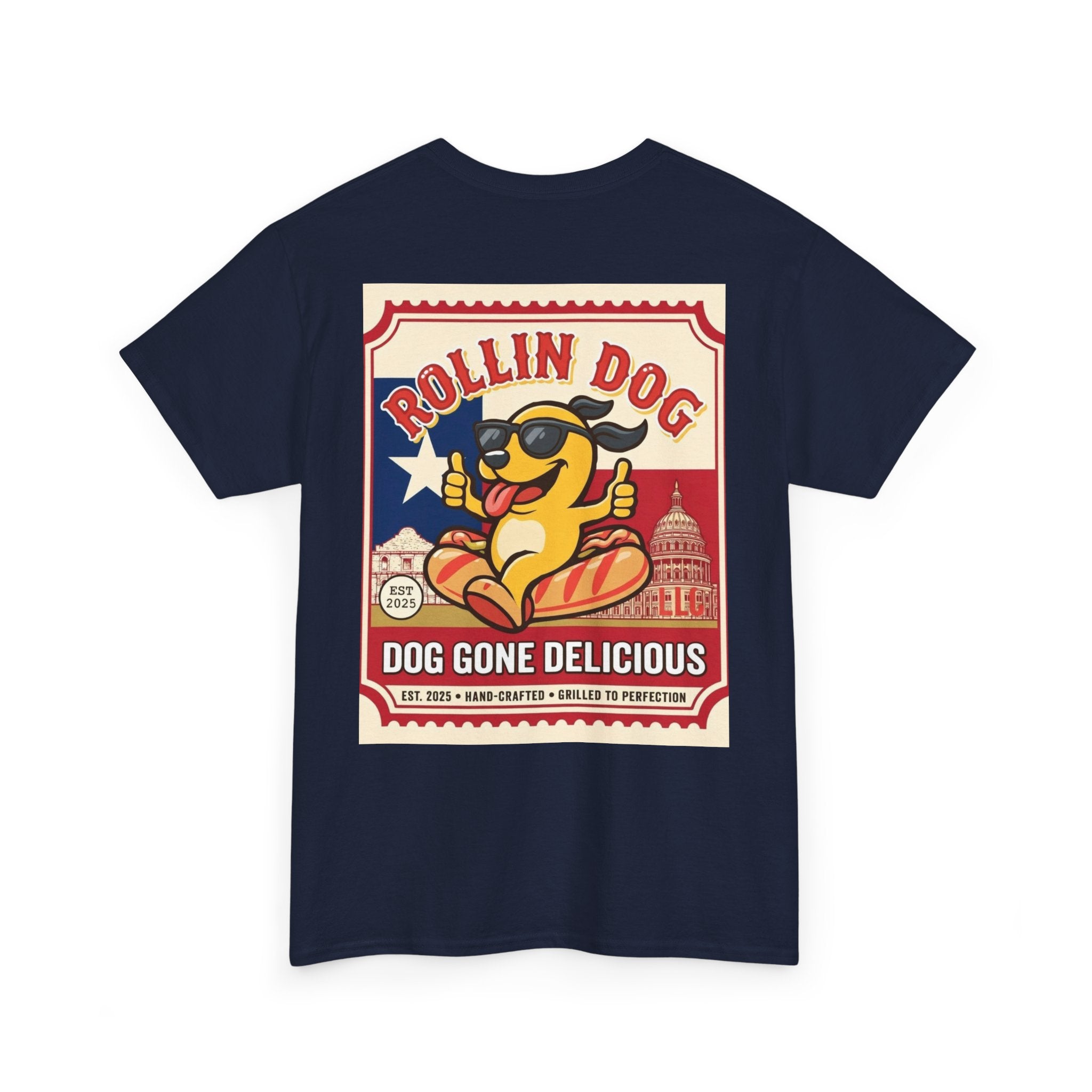 T-Shirt — "Rollin Dog: Dog Gone Delicious" Retro Hot Dog Graphic Tee