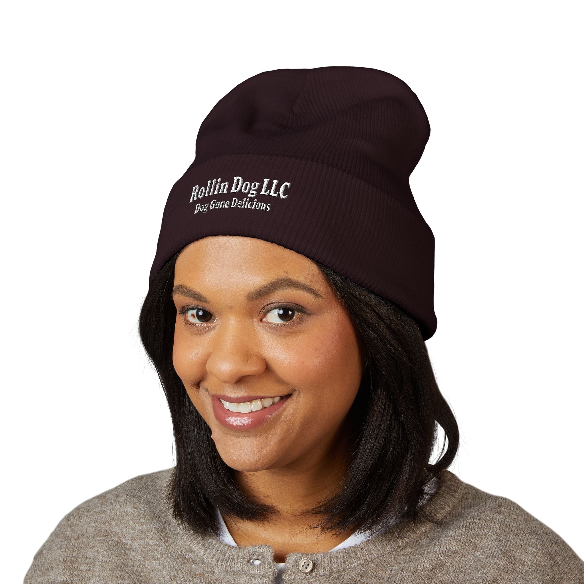 Embroidered Classic White Cuffed Beanie - Rollin Dog LLC Logo