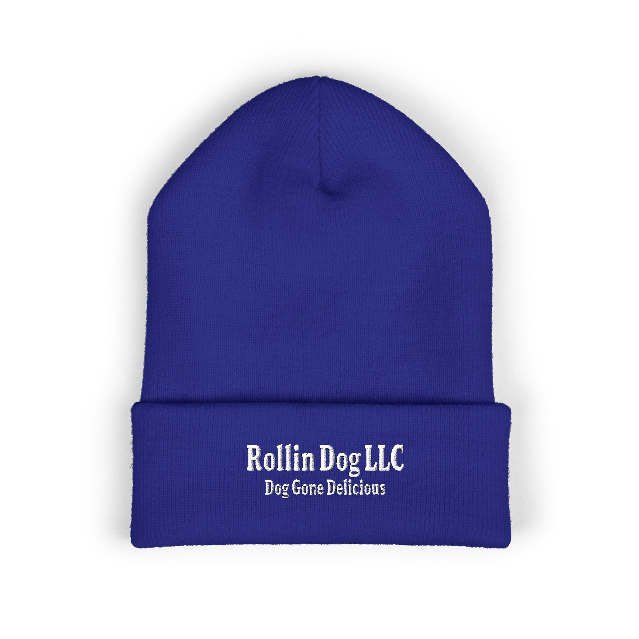 Embroidered Classic White Cuffed Beanie - Rollin Dog LLC Logo