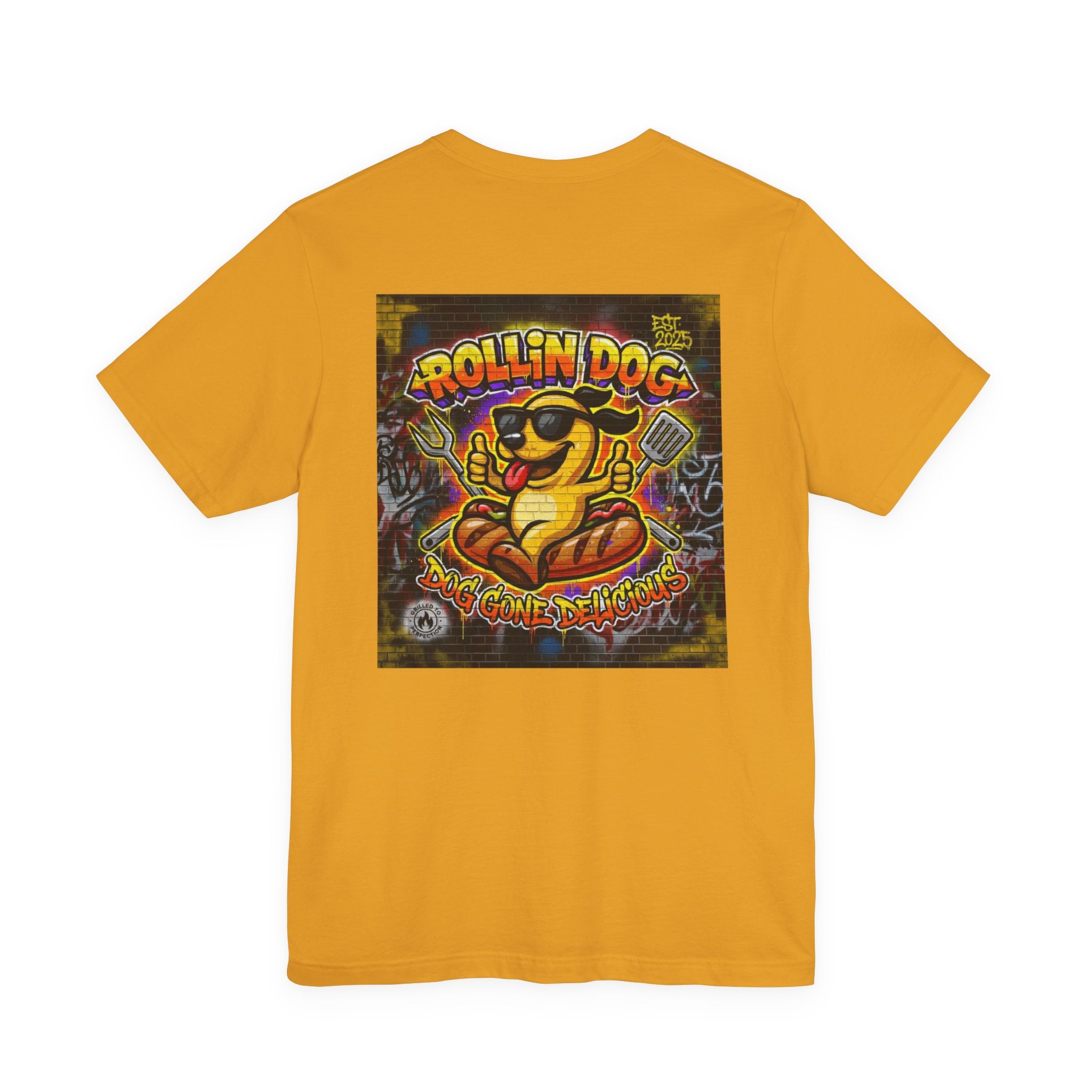Rollin Dog Graphic Tee Graffiti 1 — Retro Hot Dog Street Art T-Shirt
