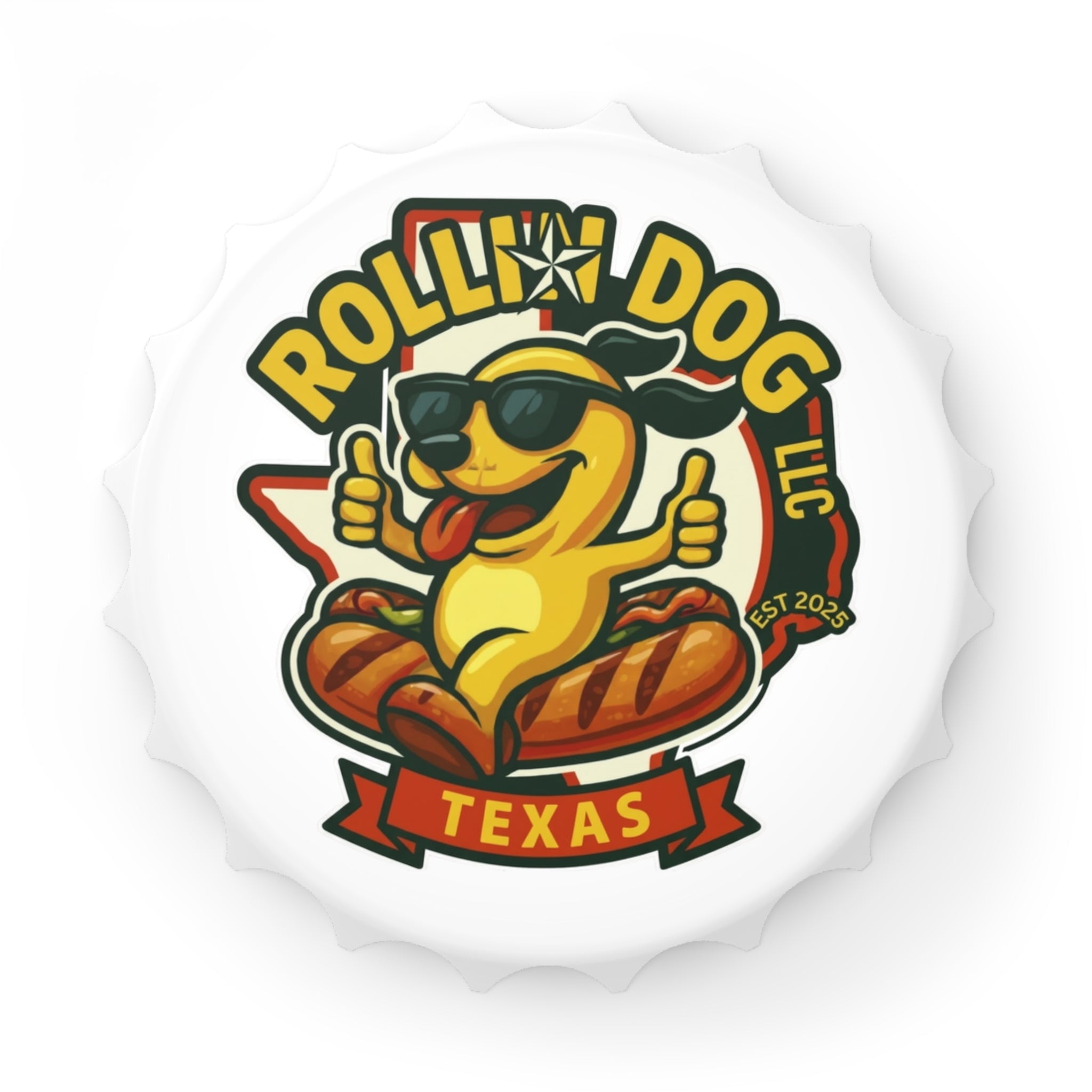 Rollin' Dog Texas Bottle Opener – Cute Sunglasses Hot Dog Logo Cap Opener