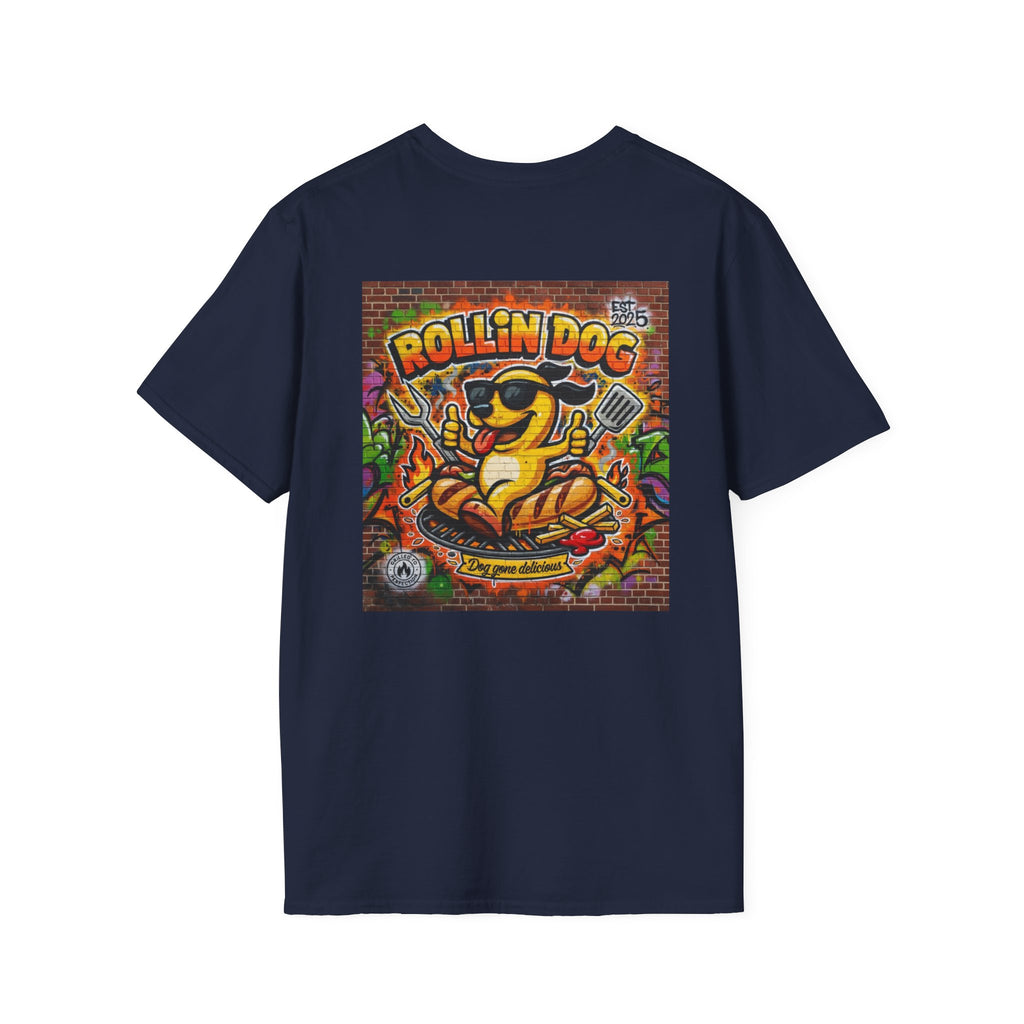 Rollin Dog Graphic T-Shirt Graffiti 2 — Retro Street Art Hot Dog Design