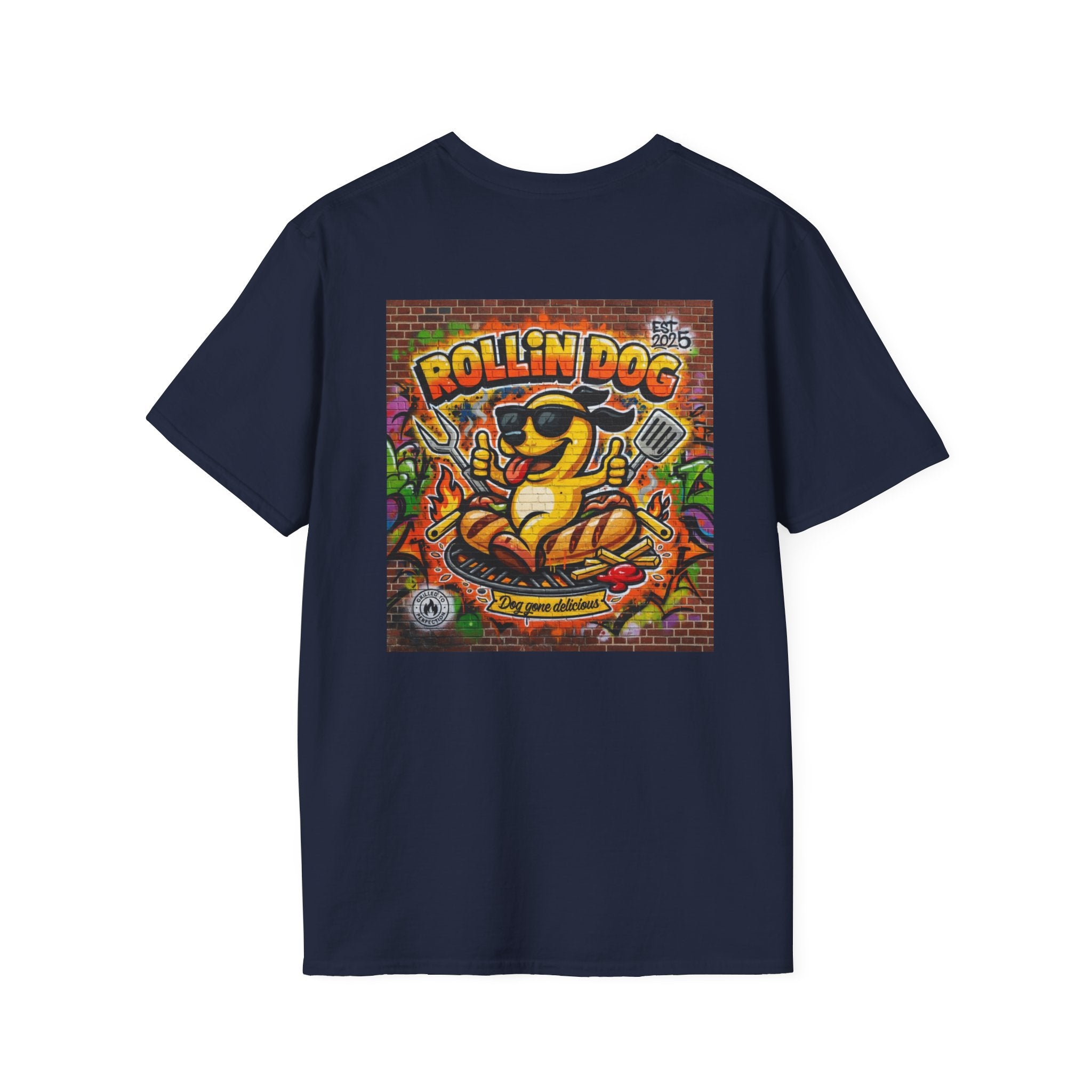 Rollin Dog Graphic T-Shirt Graffiti 2 — Retro Street Art Hot Dog Design