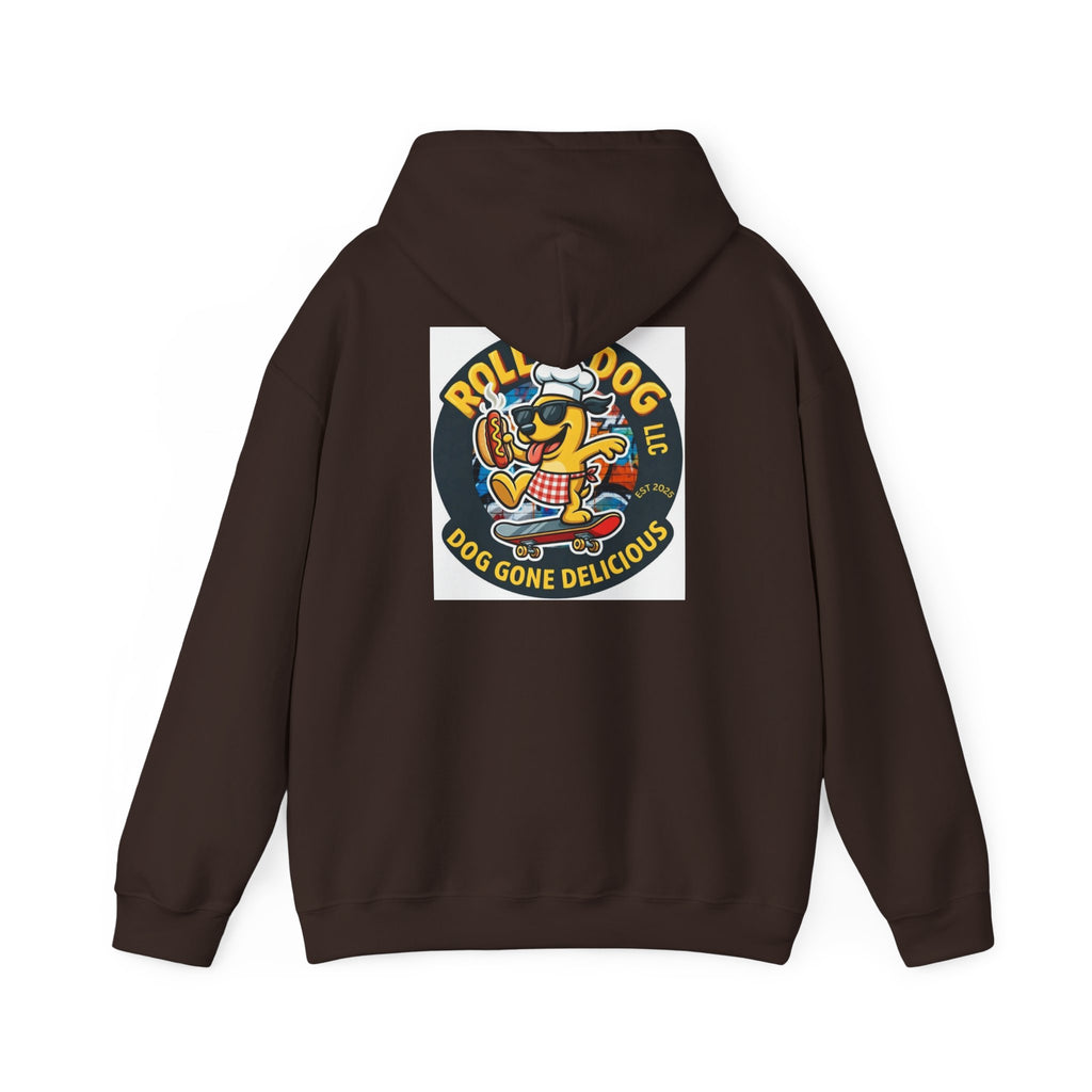 Rollin Dog LLC Skateboard Logo Hoodie — 'Dog Gone Delicious' Chef Hot Dog Graphic Hoodie