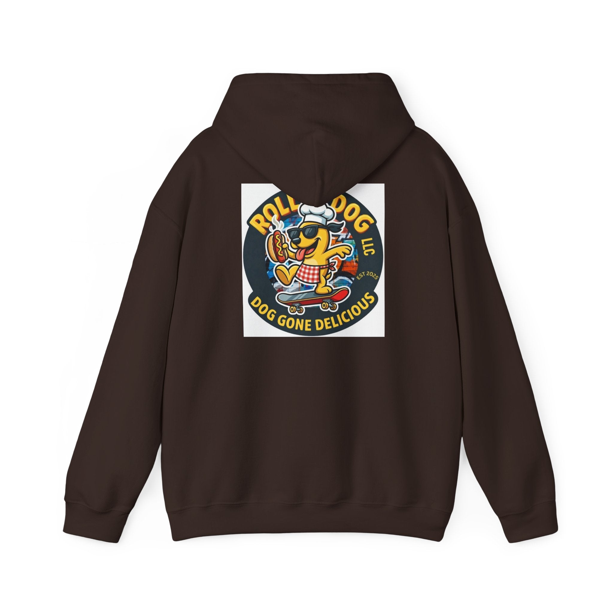 Rollin Dog LLC Skateboard Logo Hoodie — 'Dog Gone Delicious' Chef Hot Dog Graphic Hoodie