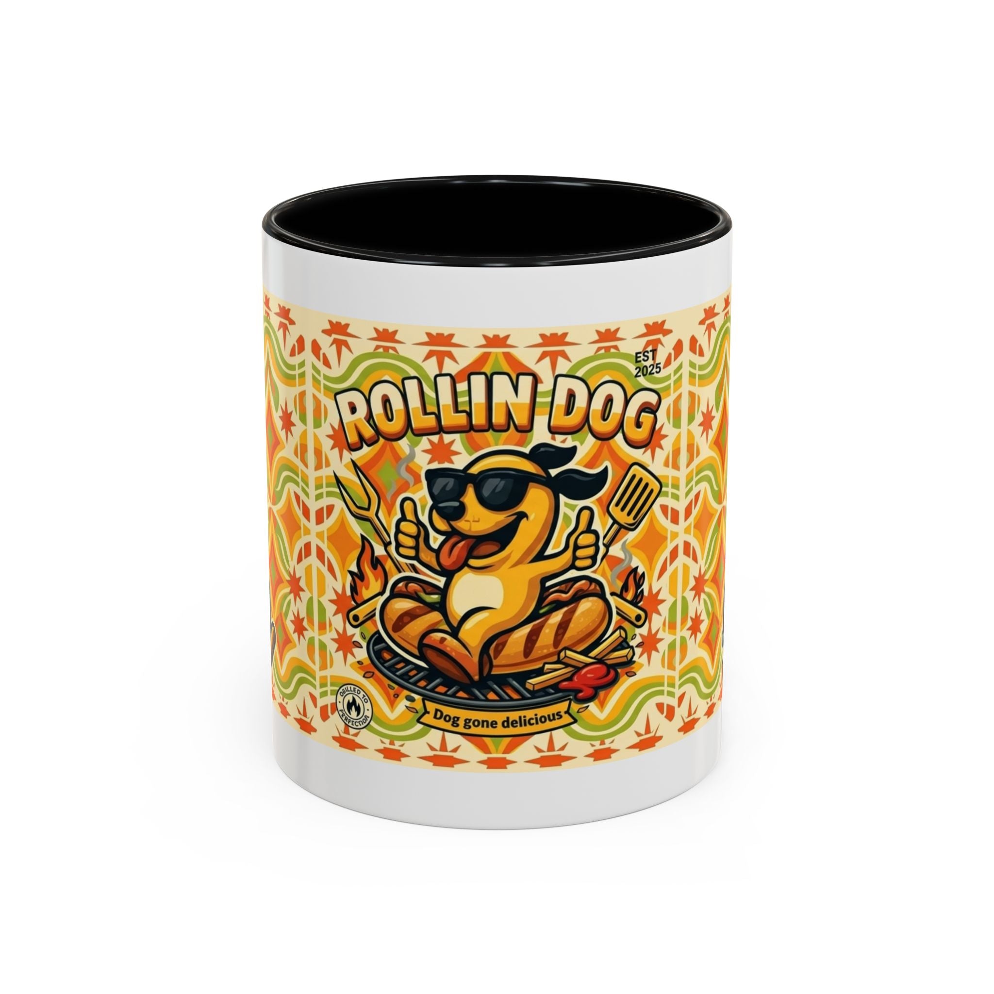 Retron Hot Dog Food Truck Accent Coffee Mug — "Rollin Dog" Retro Summer BBQ Mug (11/15oz)