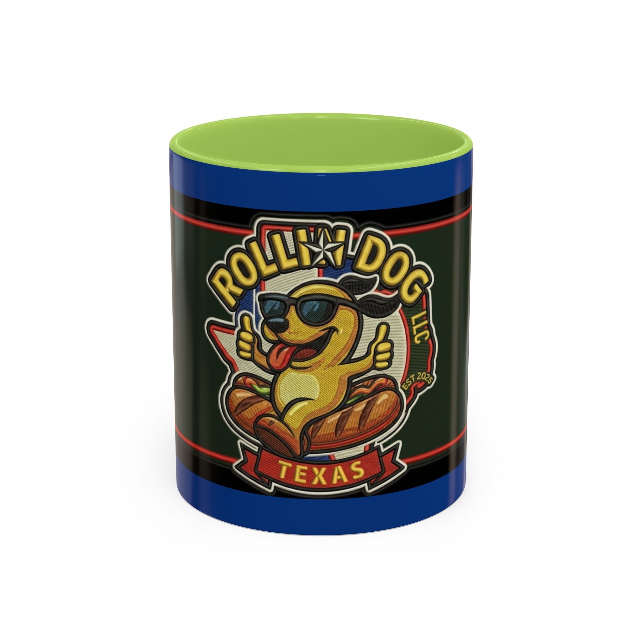 Texas Rollin Dog 'Dog Gone Delicious' Accent Coffee Mug – Fun Hot Dog Logo 11/15oz