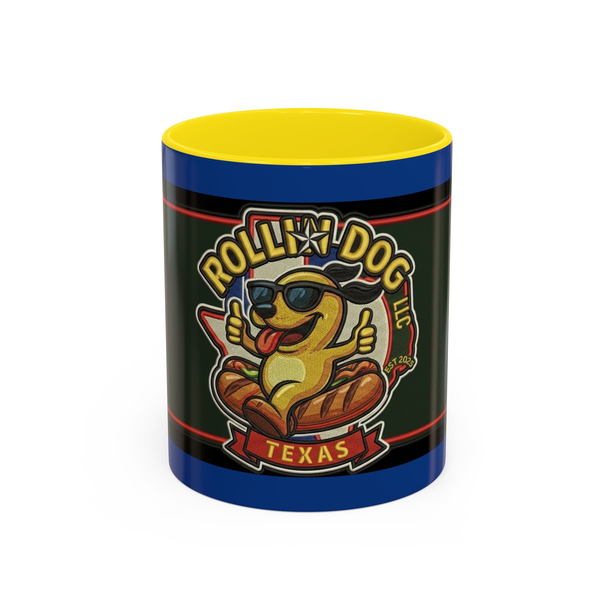 Texas Rollin Dog 'Dog Gone Delicious' Accent Coffee Mug – Fun Hot Dog Logo 11/15oz
