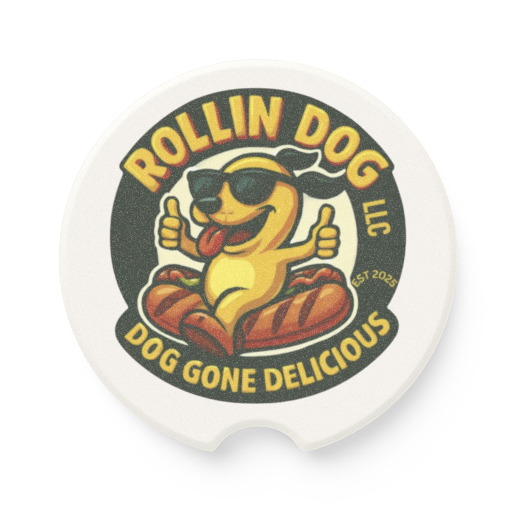 Soapstone Car Coaster — Rollin Dog 'Dog Gone Delicious' Vintage Logo Car Coaster