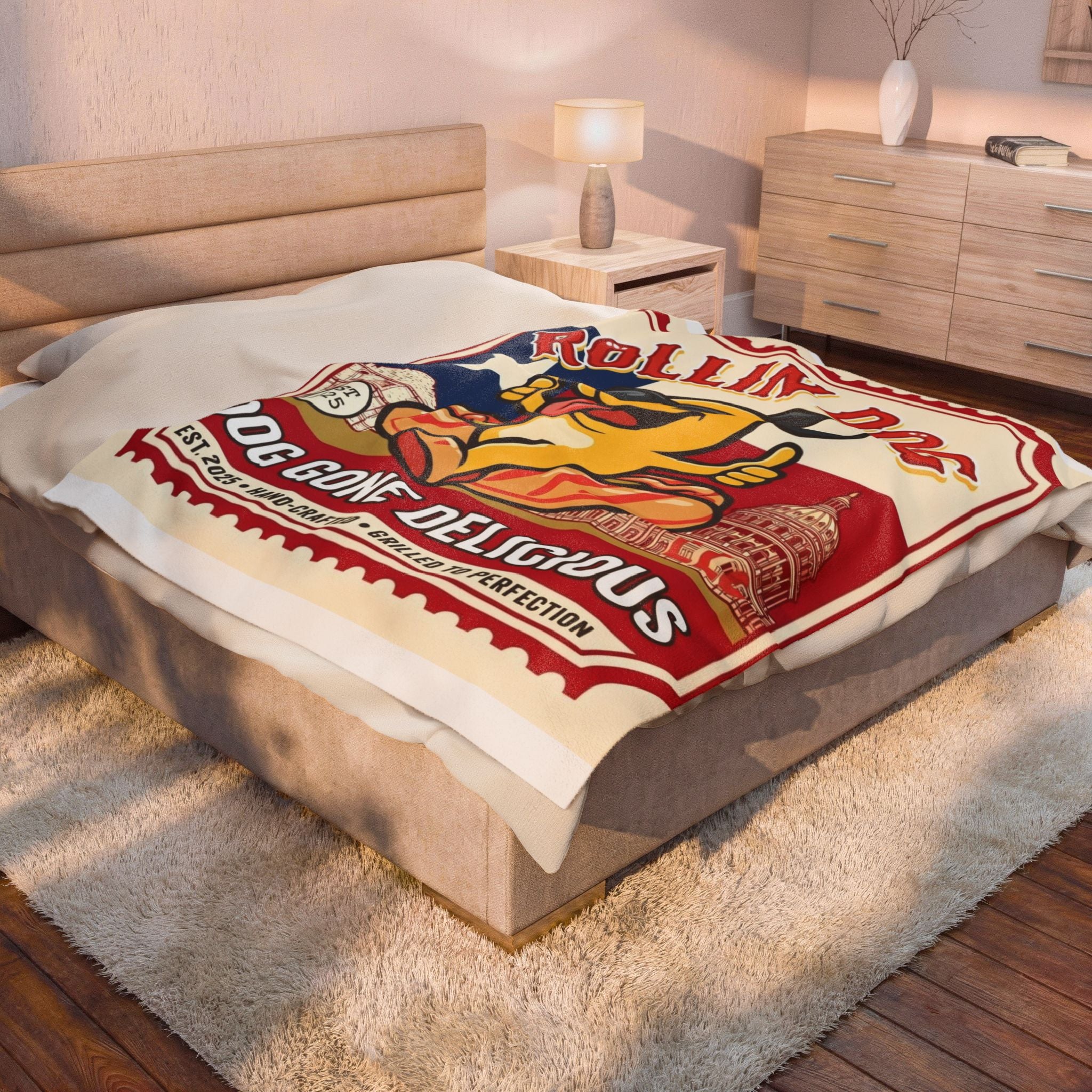 Texas Velveteen Plush Blanket — "Rollin Dog: Dog Gone Delicious" Retro Hot Dog Pup Throw