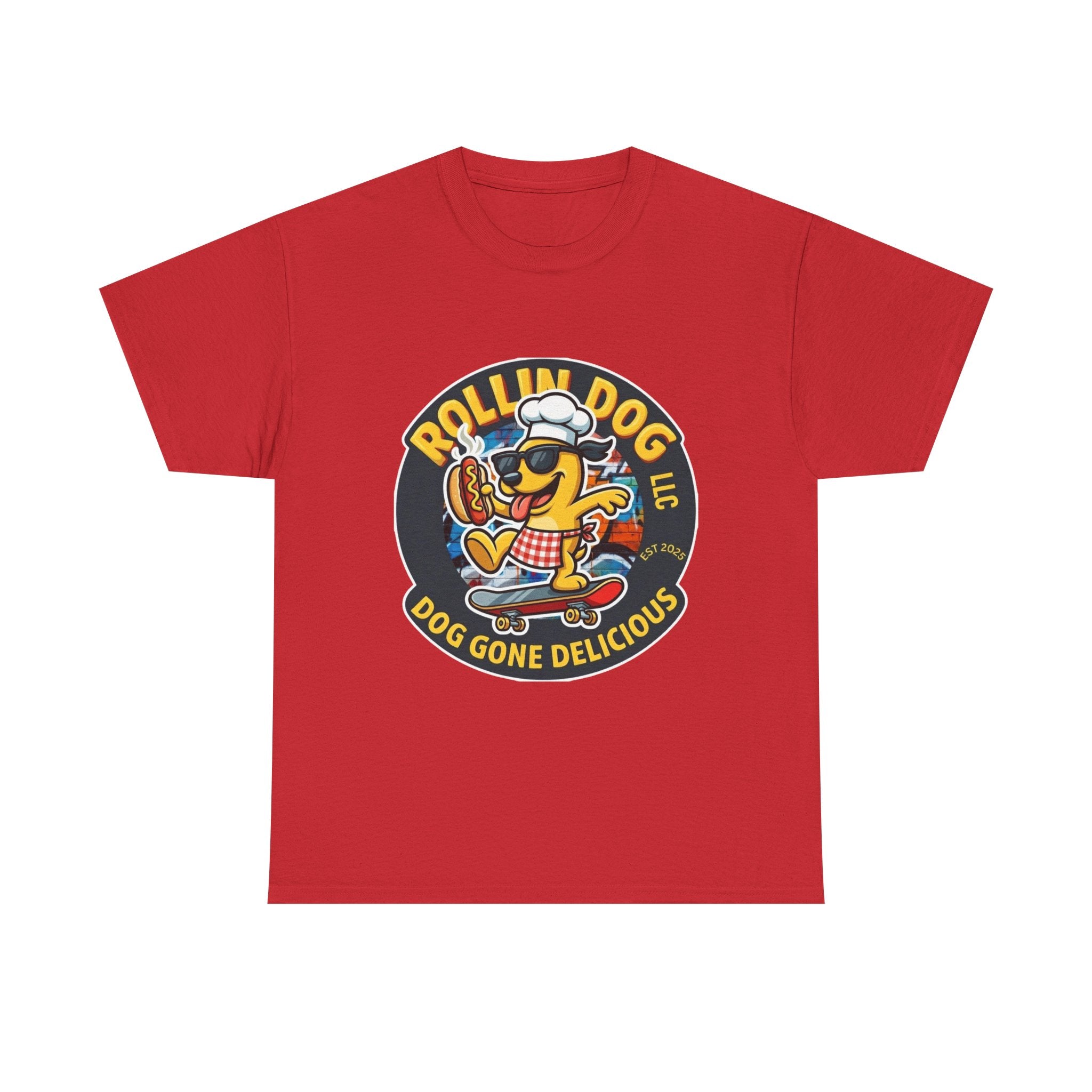 Rollin Dog Skateboard Hot Dog T-Shirt — 'Rollin Dog LLC: Dog Gone Delicious' Vintage Logo Tee