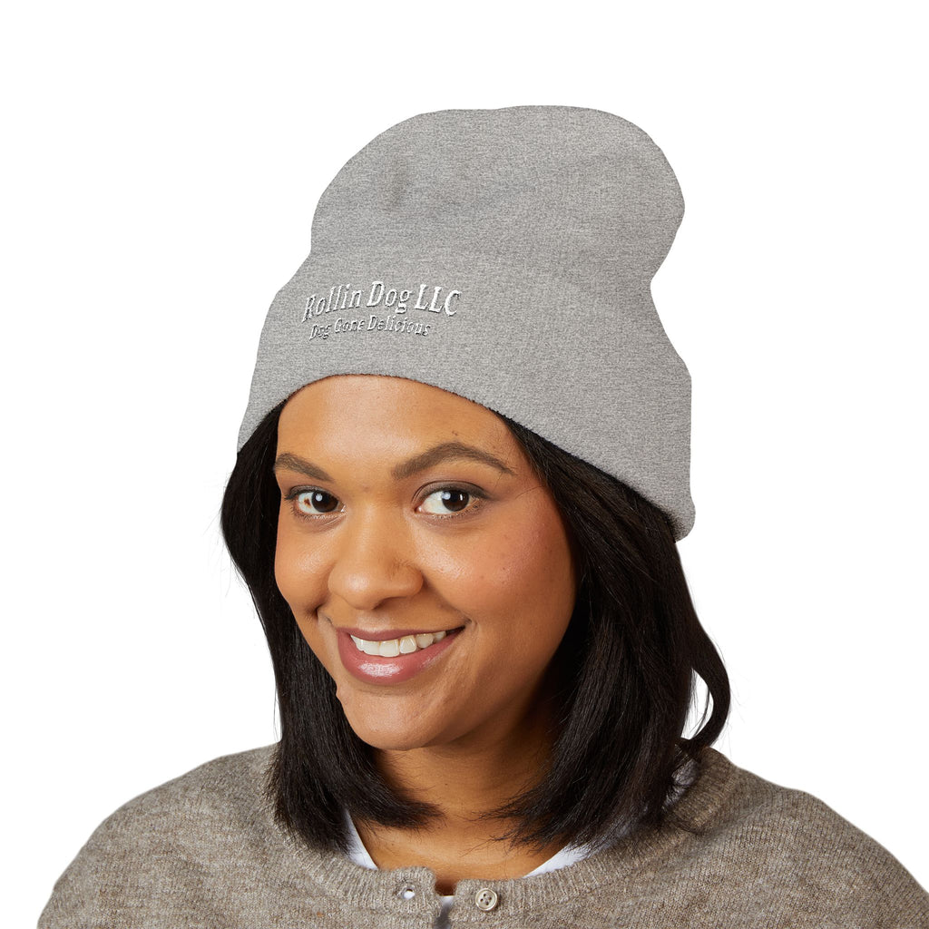 Embroidered Classic White Cuffed Beanie - Rollin Dog LLC Logo
