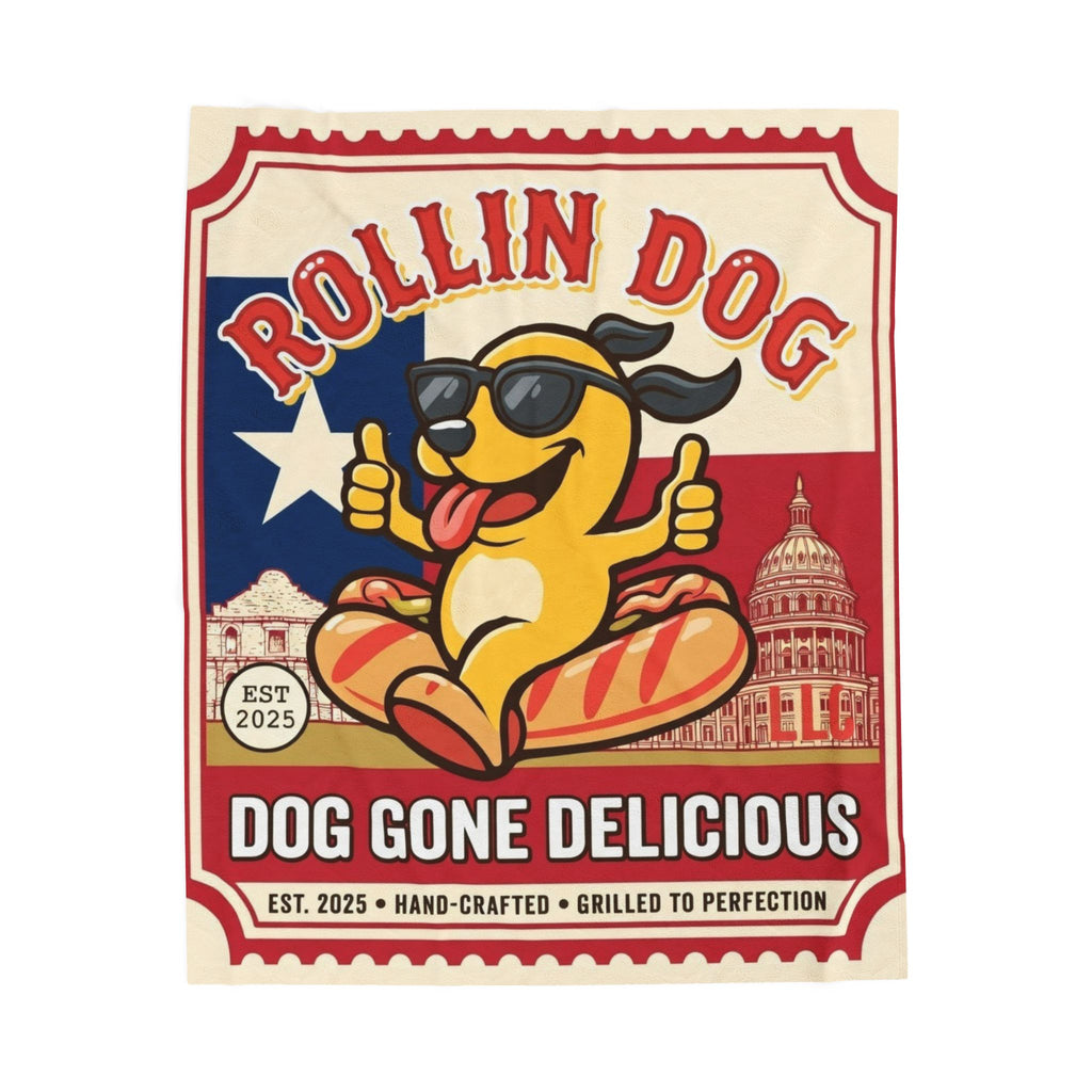Texas Velveteen Plush Blanket — "Rollin Dog: Dog Gone Delicious" Retro Hot Dog Pup Throw