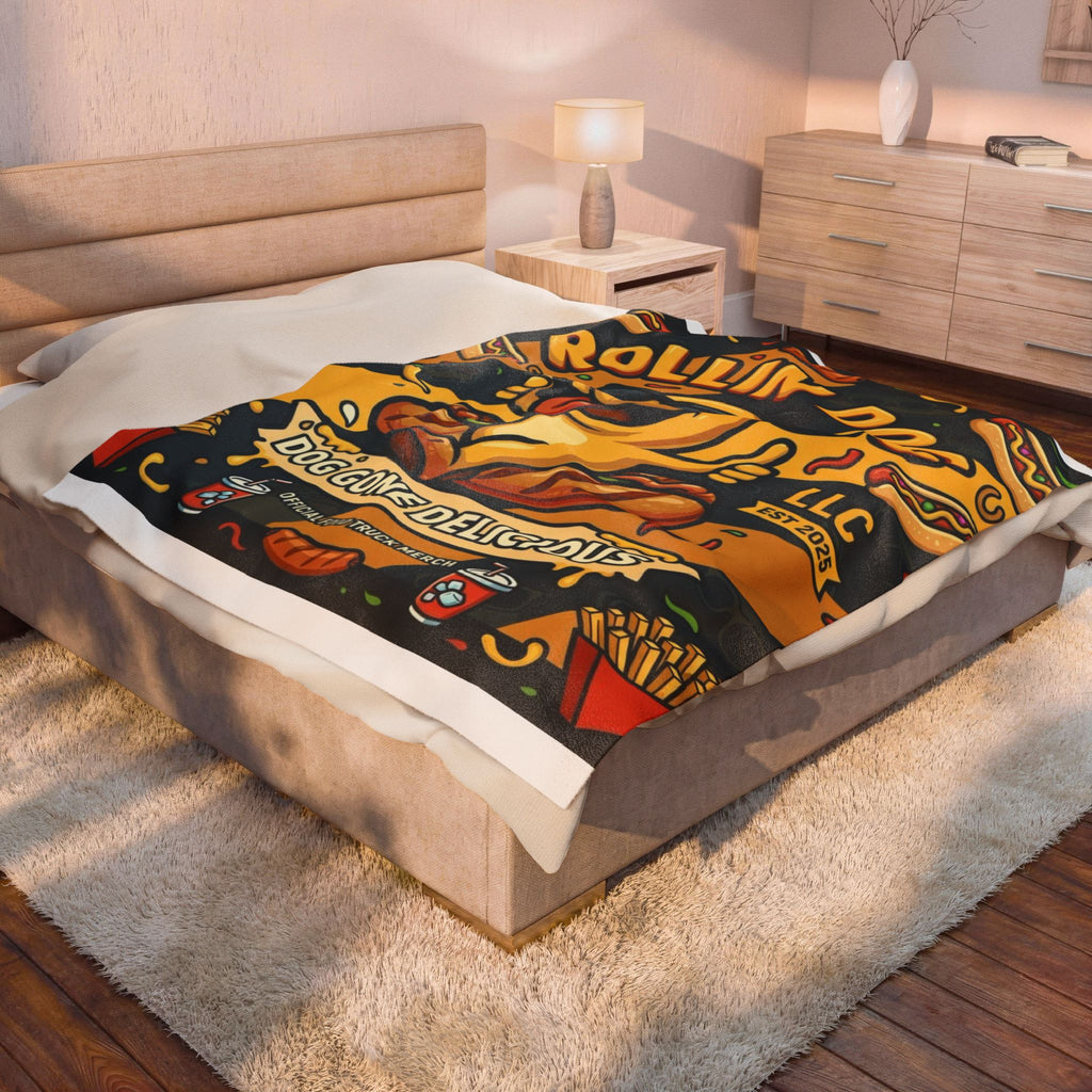 Velveteen Plush Blanket – "Rollin Dog: Dog Gone Delicious" Food Truck Graphic Throw