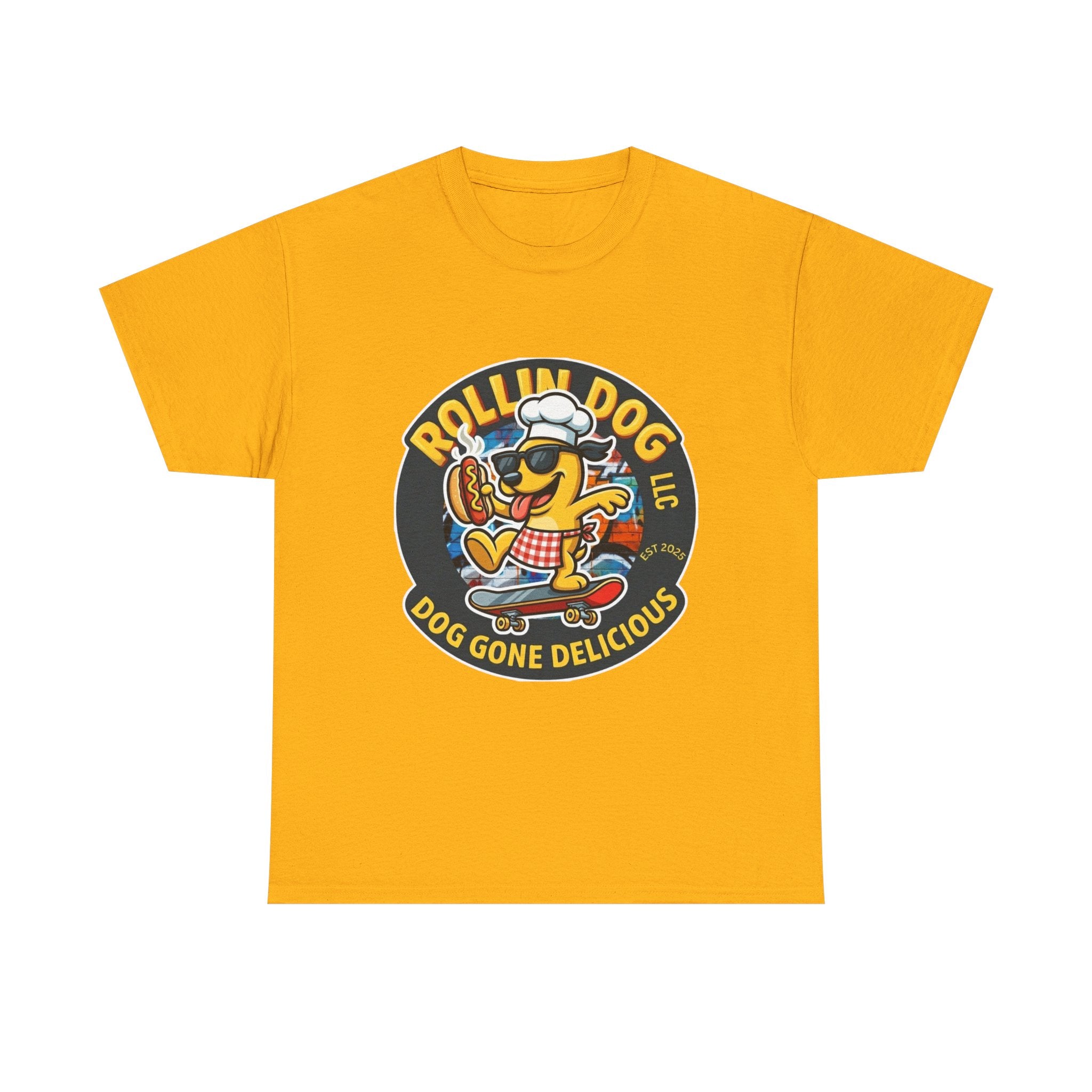 Rollin Dog Skateboard Hot Dog T-Shirt — 'Rollin Dog LLC: Dog Gone Delicious' Vintage Logo Tee