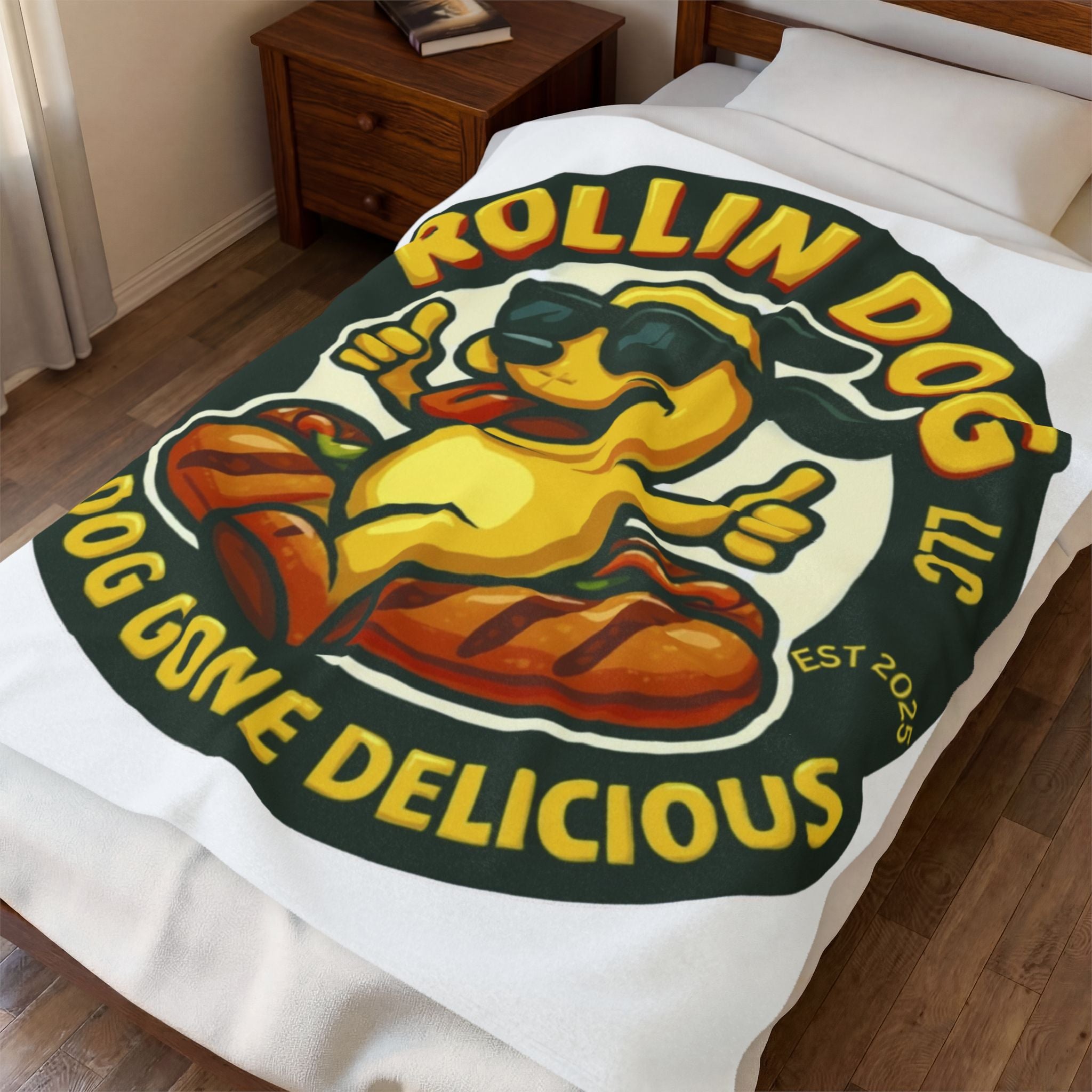 Original Velveteen Plush Blanket — 'Rollin Dog: Dog Gone Delicious' Retro Hot Dog Mascot Throw