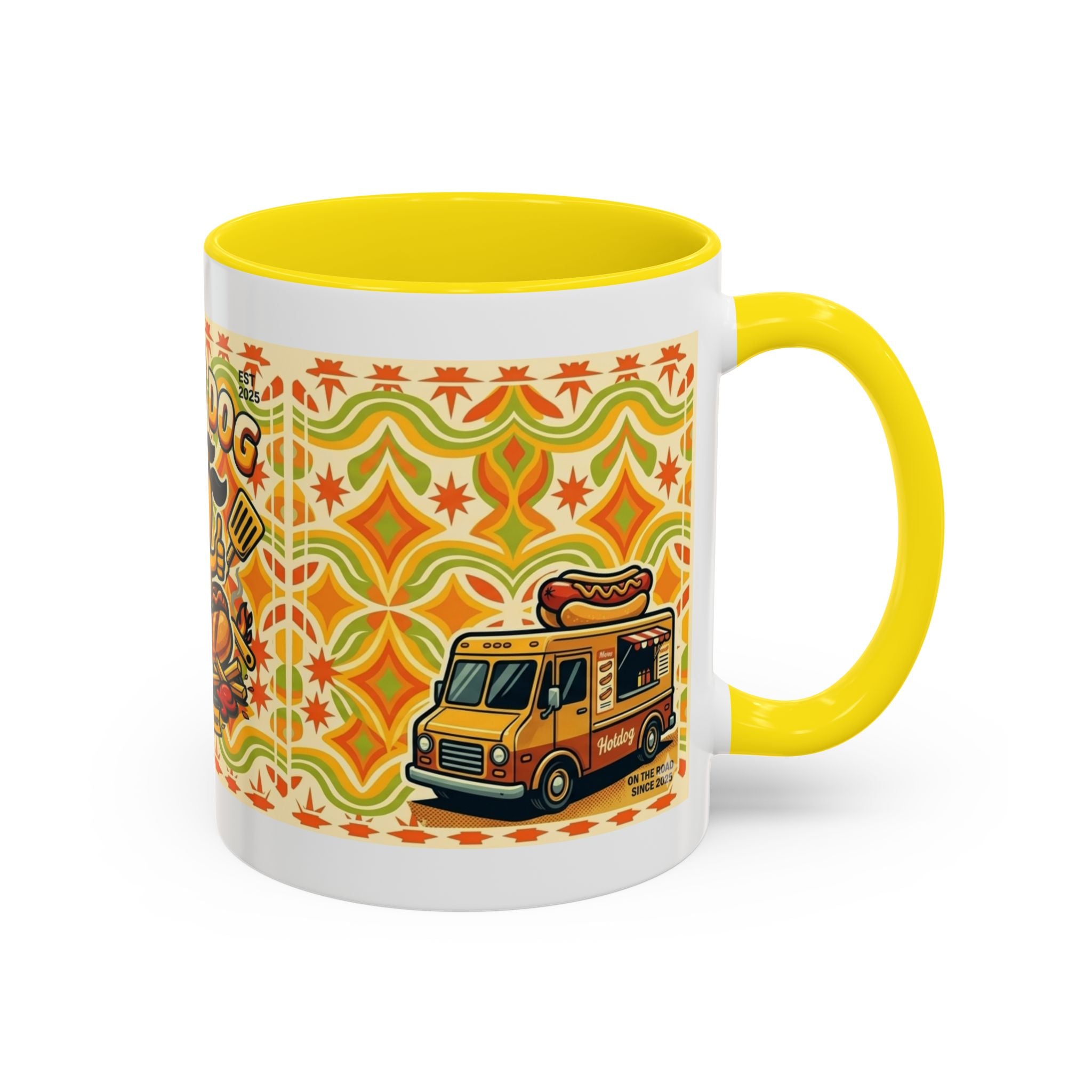 Retron Hot Dog Food Truck Accent Coffee Mug — "Rollin Dog" Retro Summer BBQ Mug (11/15oz)
