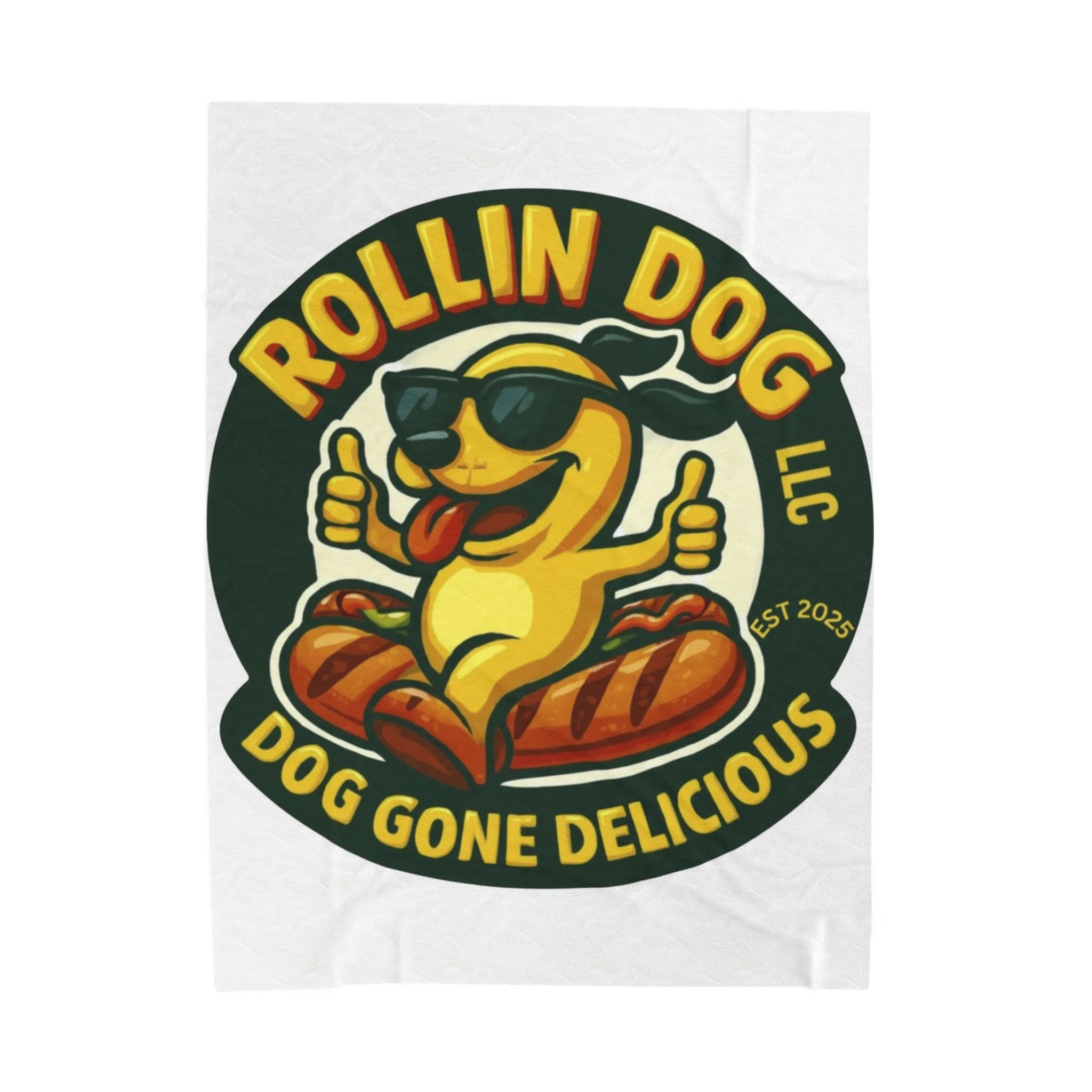 Original Velveteen Plush Blanket — 'Rollin Dog: Dog Gone Delicious' Retro Hot Dog Mascot Throw