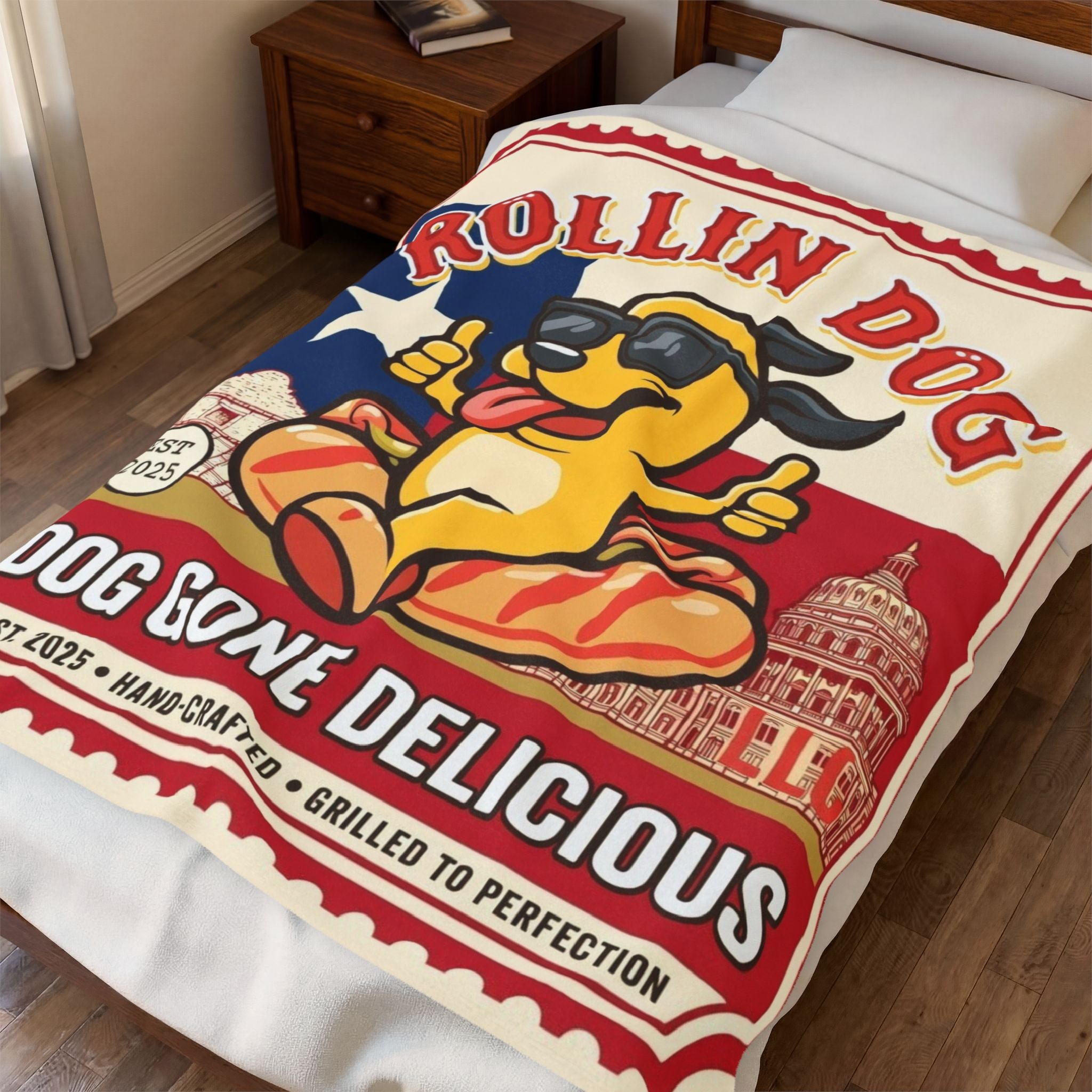 Texas Velveteen Plush Blanket — "Rollin Dog: Dog Gone Delicious" Retro Hot Dog Pup Throw