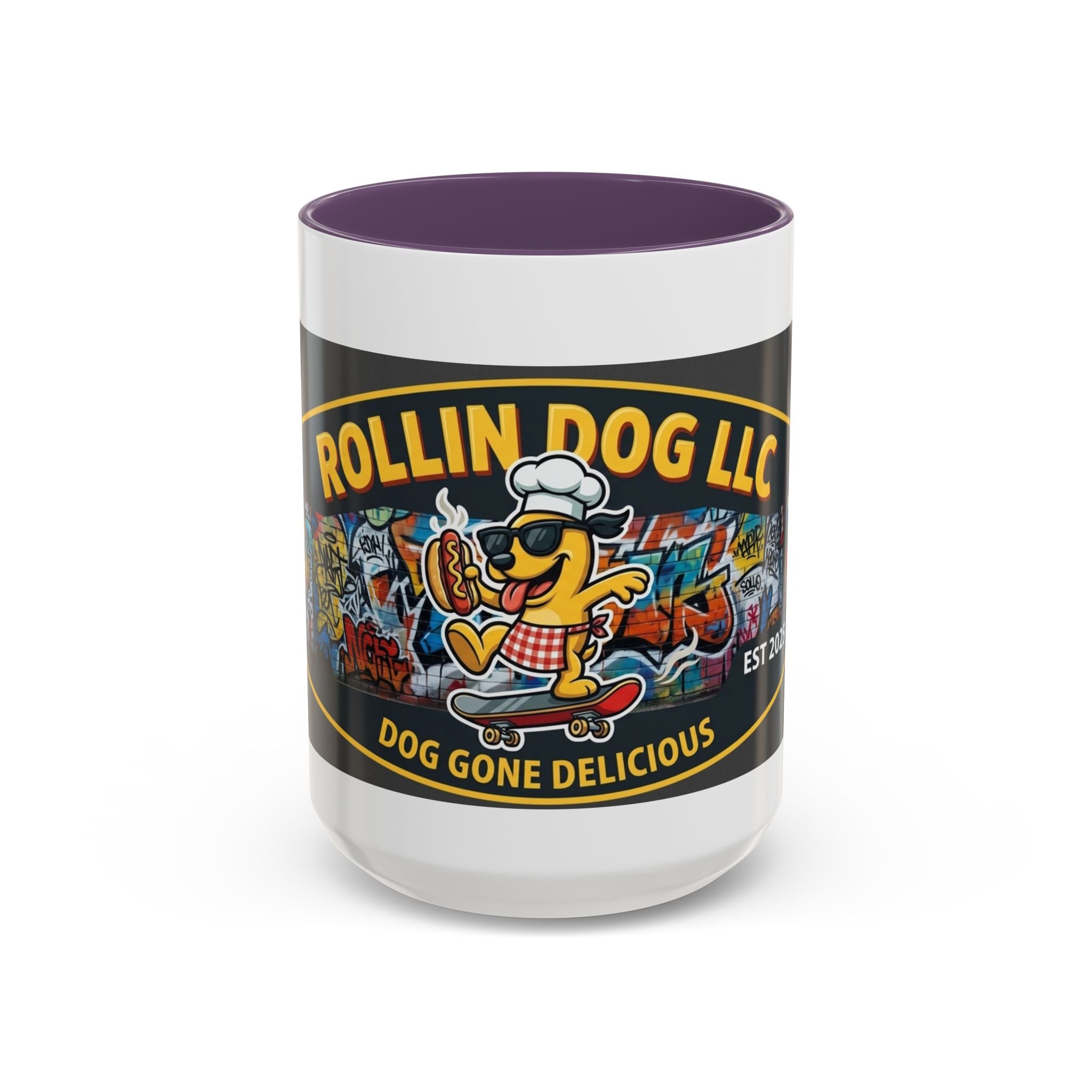 Rolling Dog Coffee Mug — 'Dog Gone Delicious' Skateboard Hot Dog Design