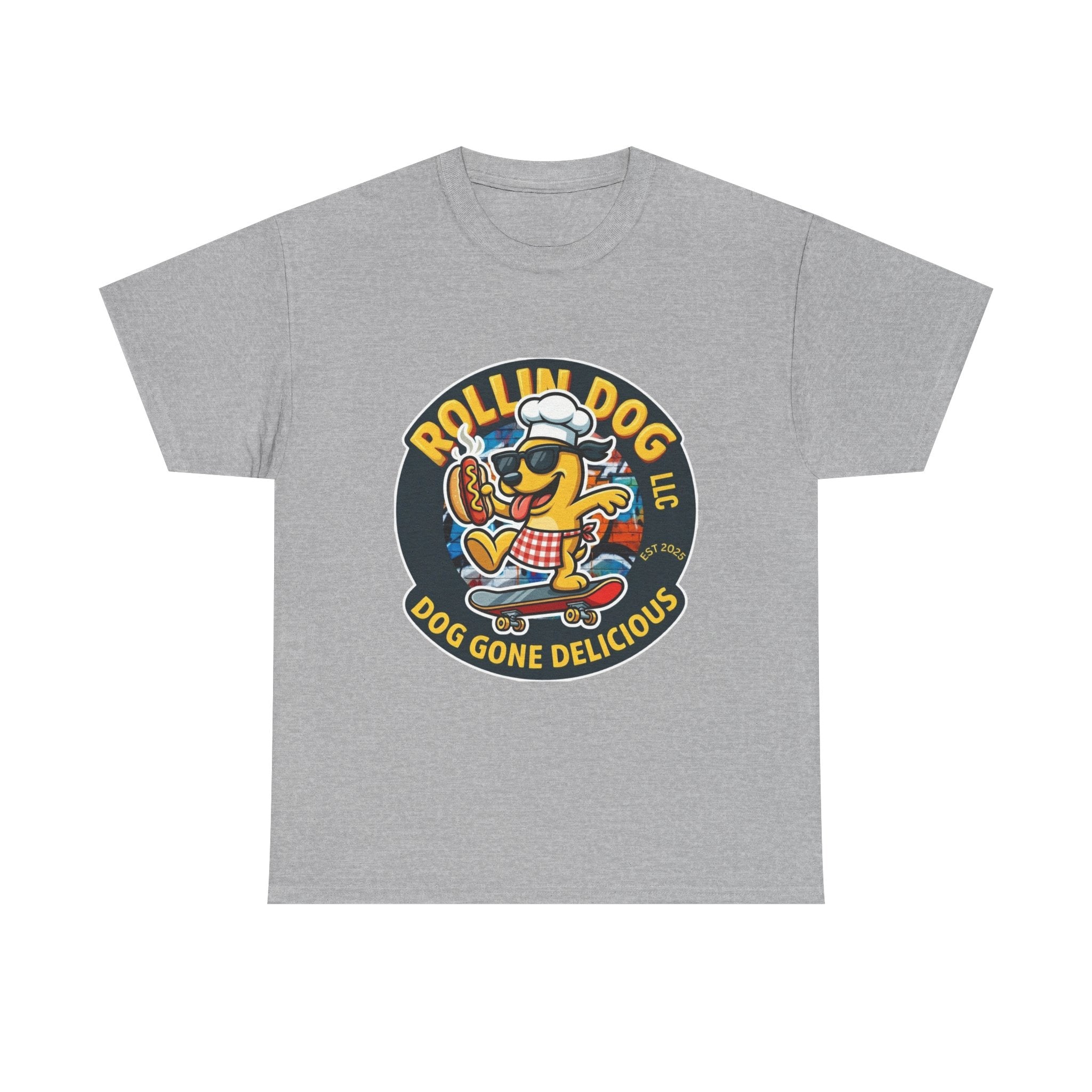 Rollin Dog Skateboard Hot Dog T-Shirt — 'Rollin Dog LLC: Dog Gone Delicious' Vintage Logo Tee