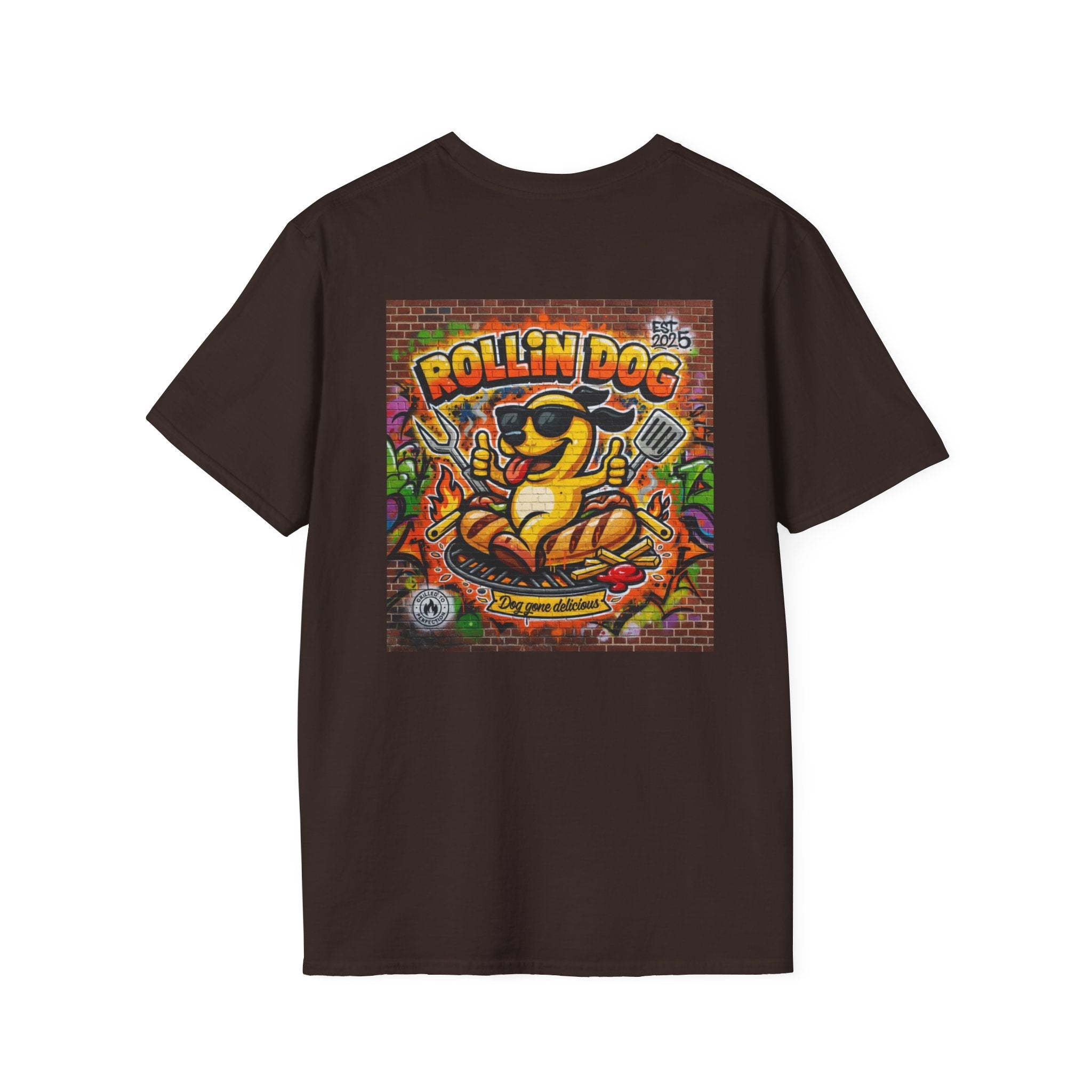 Rollin Dog Graphic T-Shirt Graffiti 2 — Retro Street Art Hot Dog Design