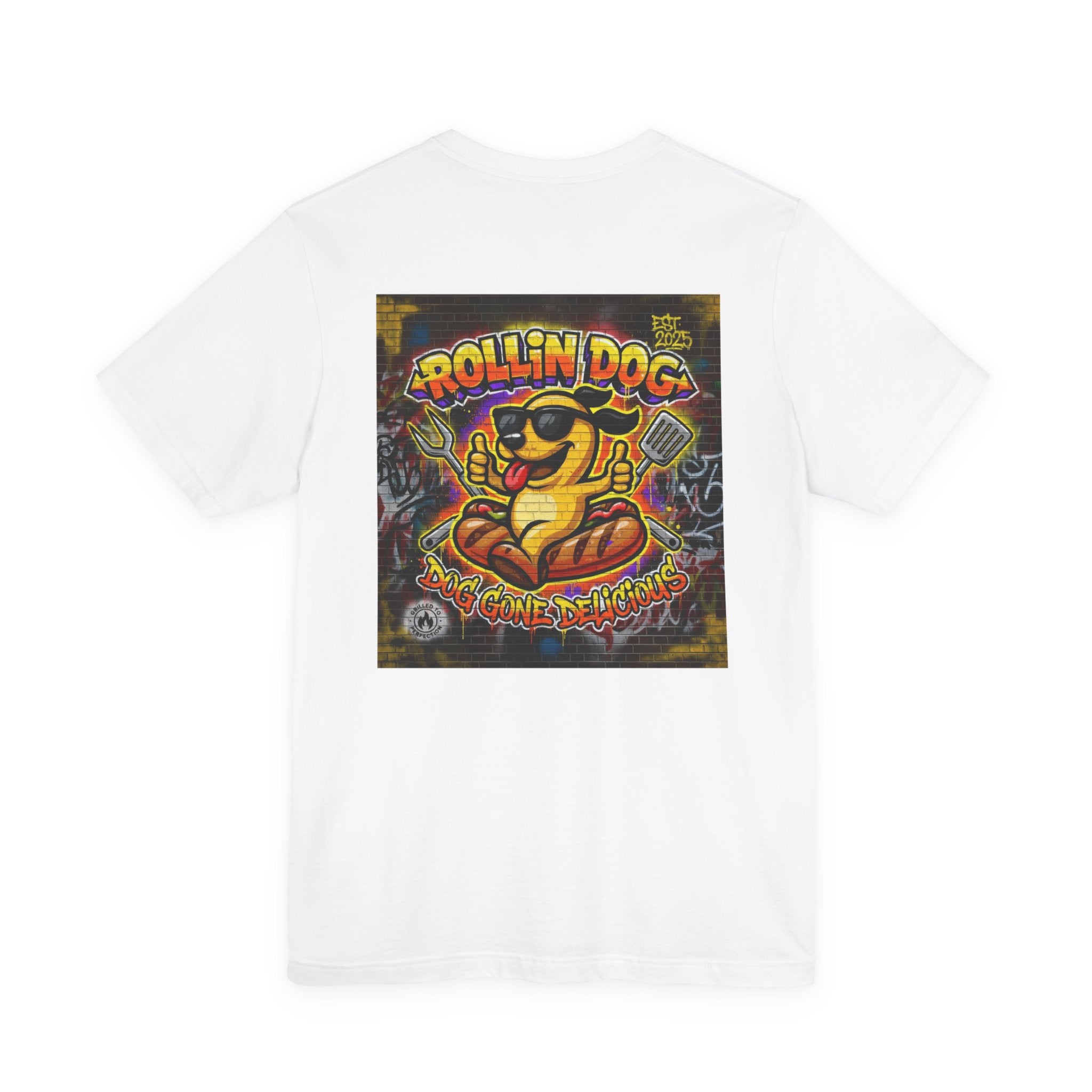 Rollin Dog Graphic Tee Graffiti 1 — Retro Hot Dog Street Art T-Shirt
