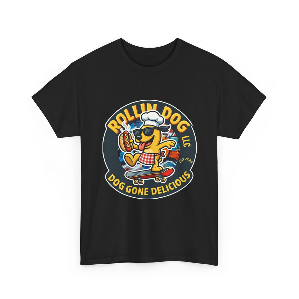 Rollin Dog Skateboard Hot Dog T-Shirt — 'Rollin Dog LLC: Dog Gone Delicious' Vintage Logo Tee