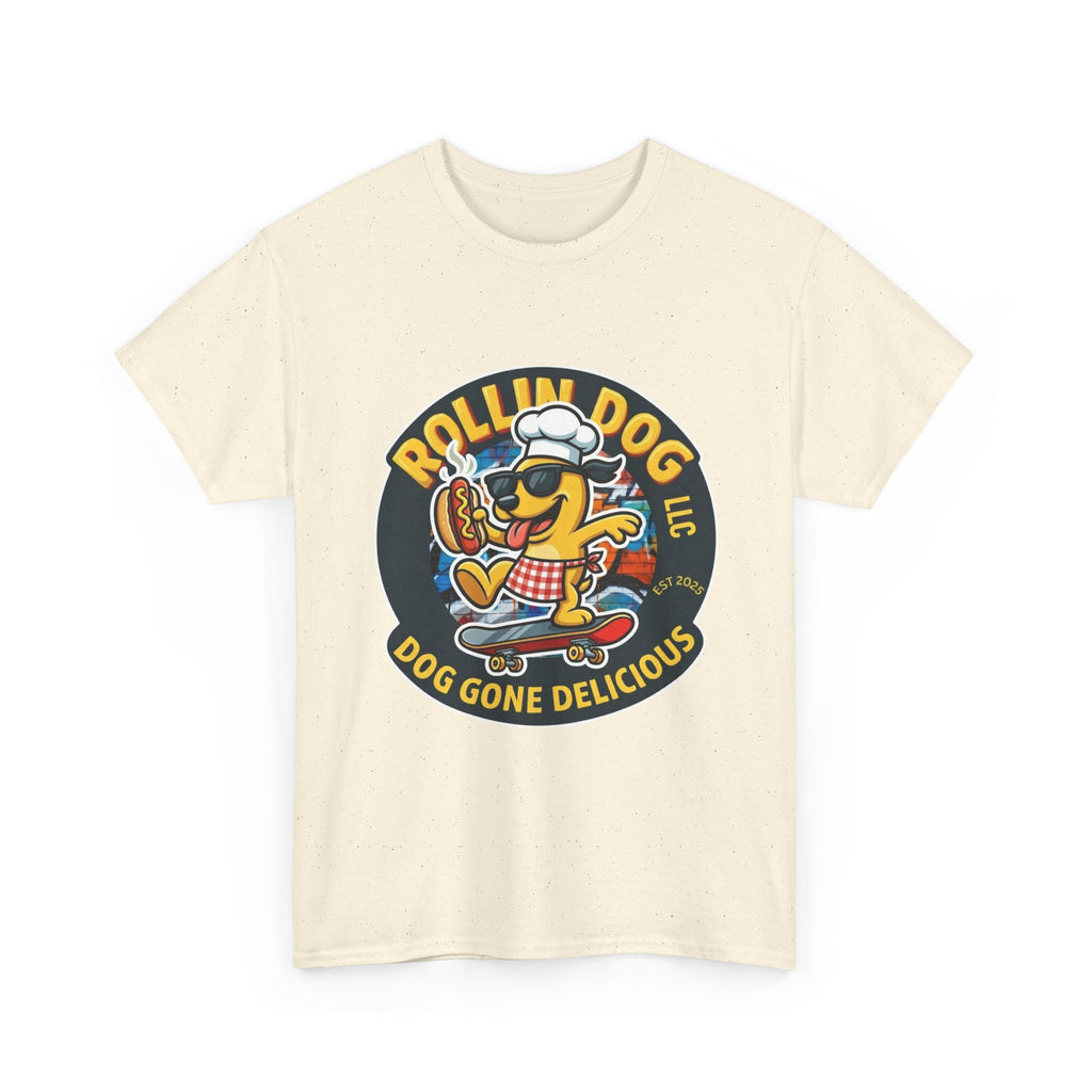 Rollin Dog Skateboard Hot Dog T-Shirt — 'Rollin Dog LLC: Dog Gone Delicious' Vintage Logo Tee