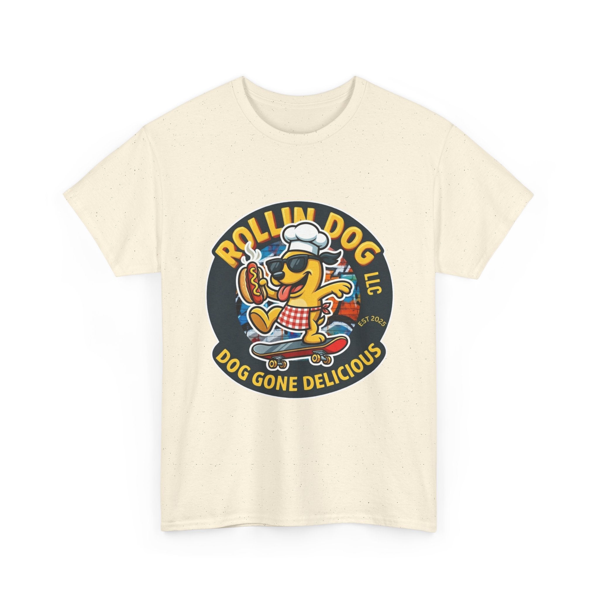 Rollin Dog Skateboard Hot Dog T-Shirt — 'Rollin Dog LLC: Dog Gone Delicious' Vintage Logo Tee