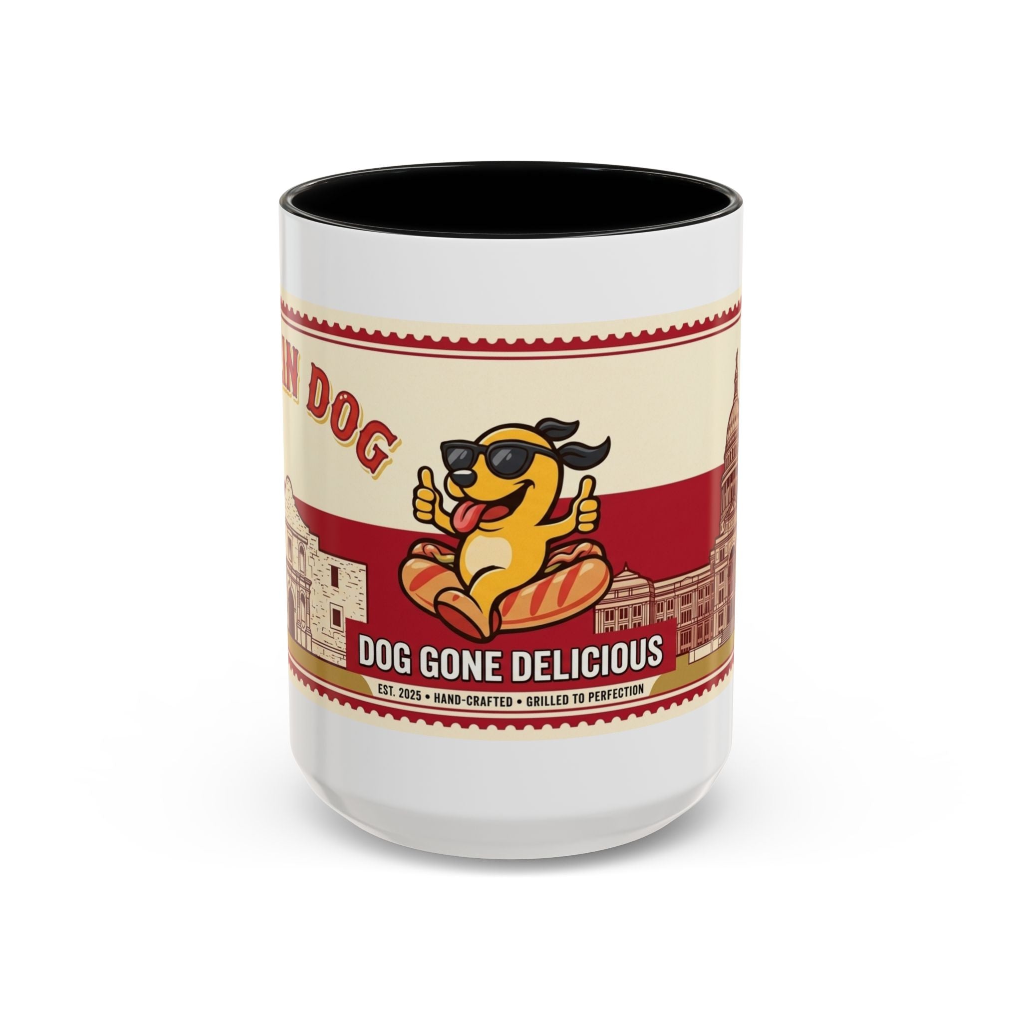 Rollin Dog Coffee Mug — Retro 'Dog Gone Delicious' Hot Dog Design (11/15oz)