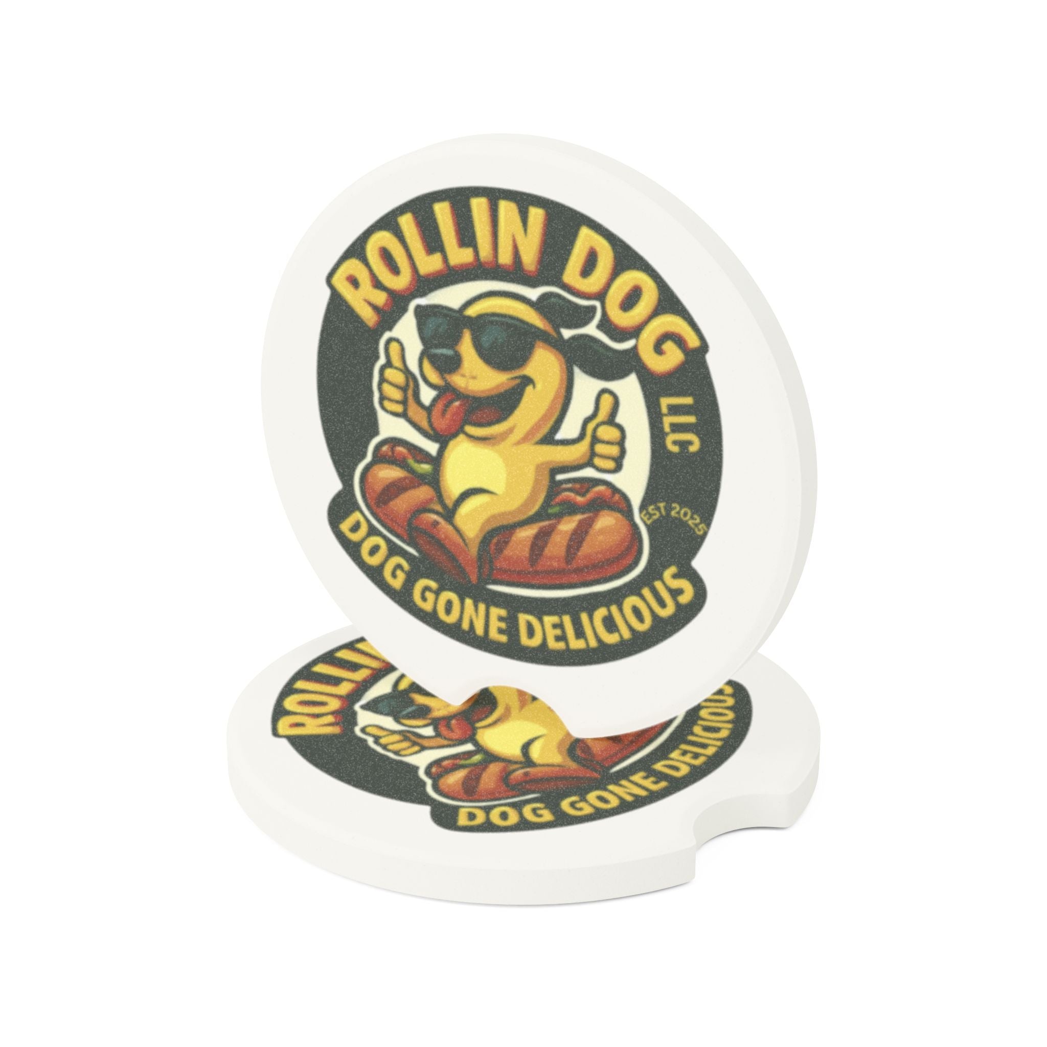 Soapstone Car Coaster — Rollin Dog 'Dog Gone Delicious' Vintage Logo Car Coaster