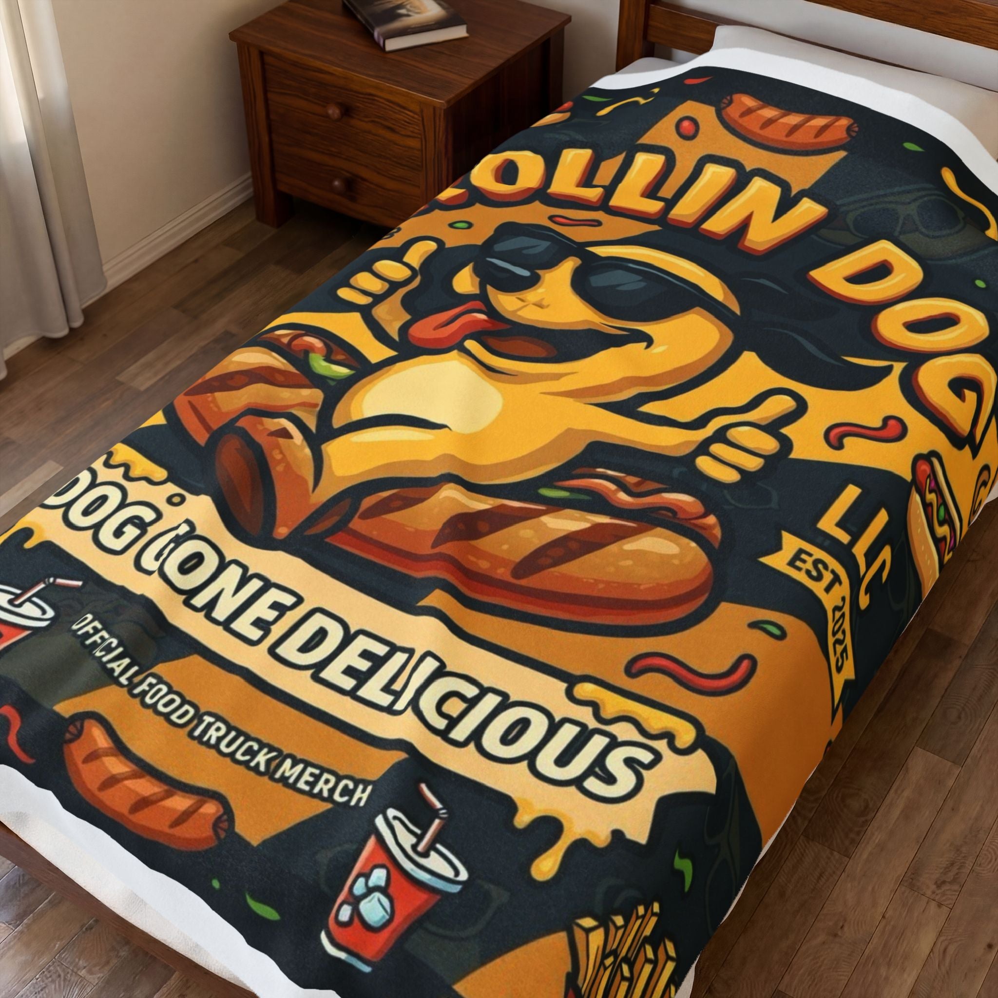 Velveteen Plush Blanket – "Rollin Dog: Dog Gone Delicious" Food Truck Graphic Throw
