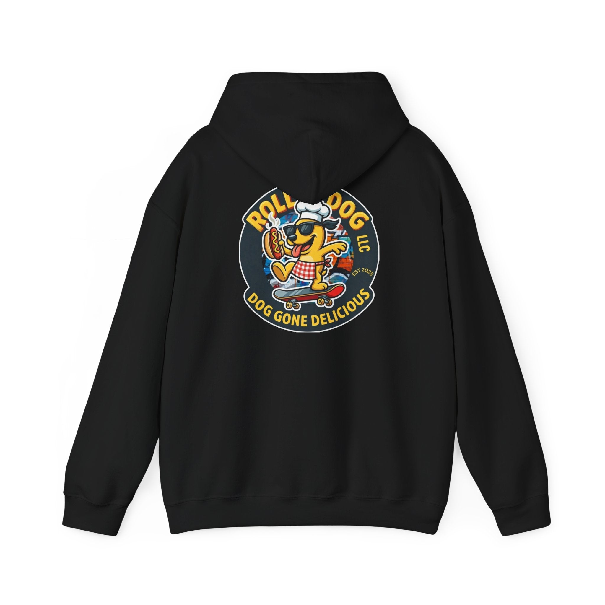 Rollin Dog LLC Skateboard Logo Hoodie — 'Dog Gone Delicious' Chef Hot Dog Graphic Hoodie