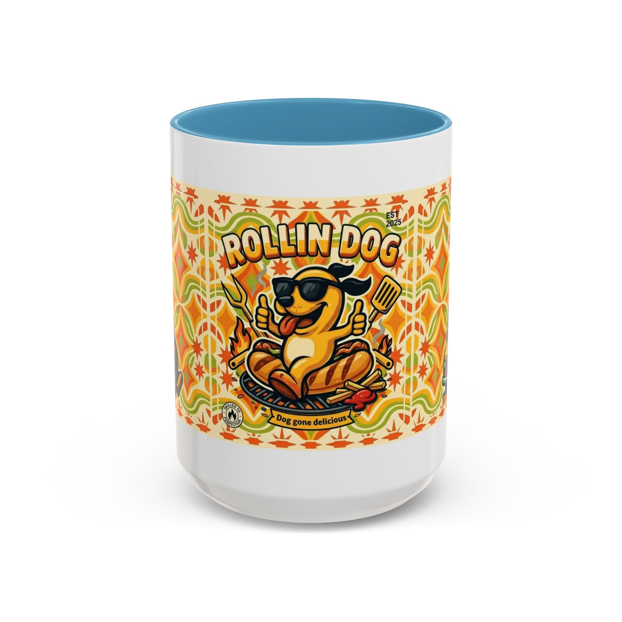 Retron Hot Dog Food Truck Accent Coffee Mug — "Rollin Dog" Retro Summer BBQ Mug (11/15oz)