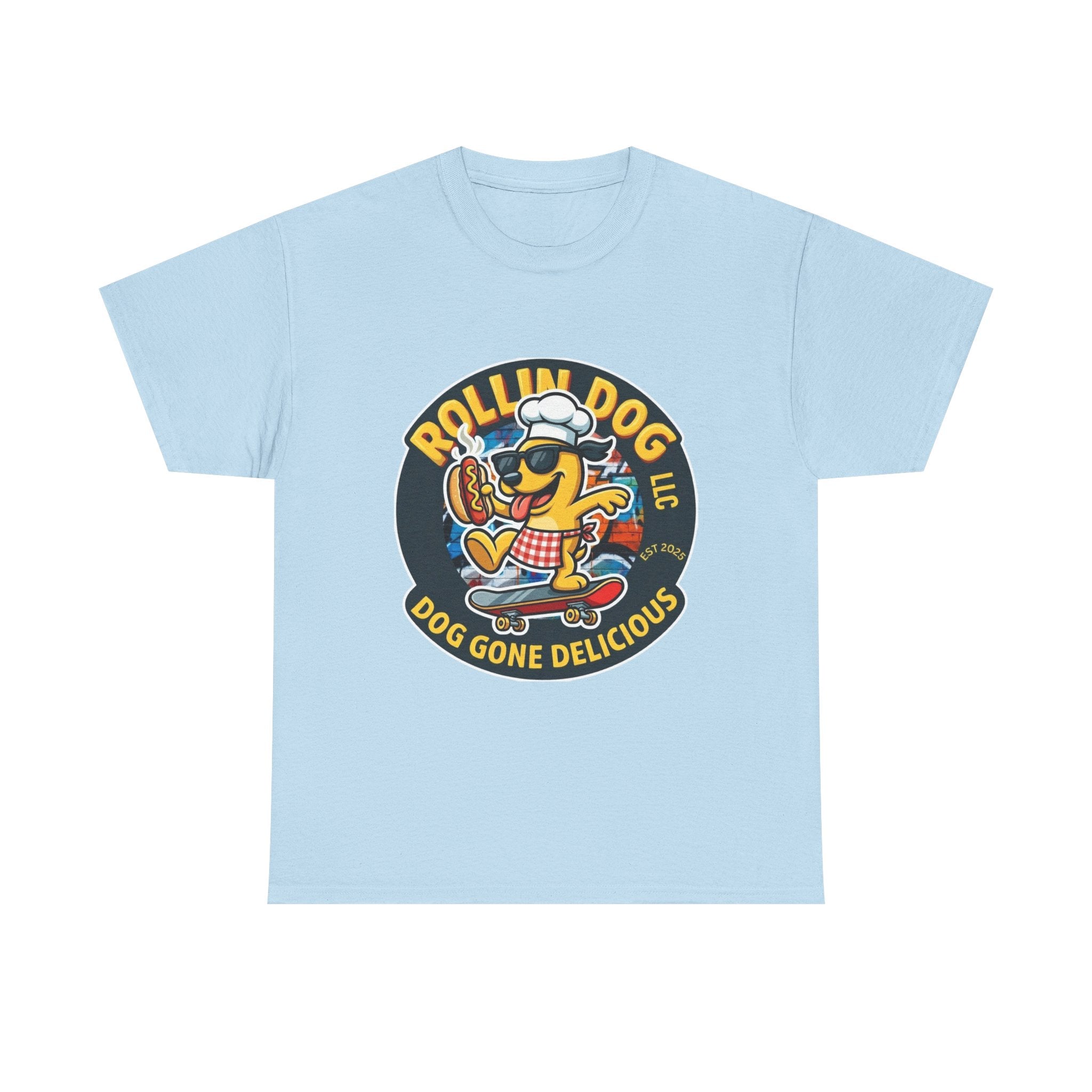 Rollin Dog Skateboard Hot Dog T-Shirt — 'Rollin Dog LLC: Dog Gone Delicious' Vintage Logo Tee