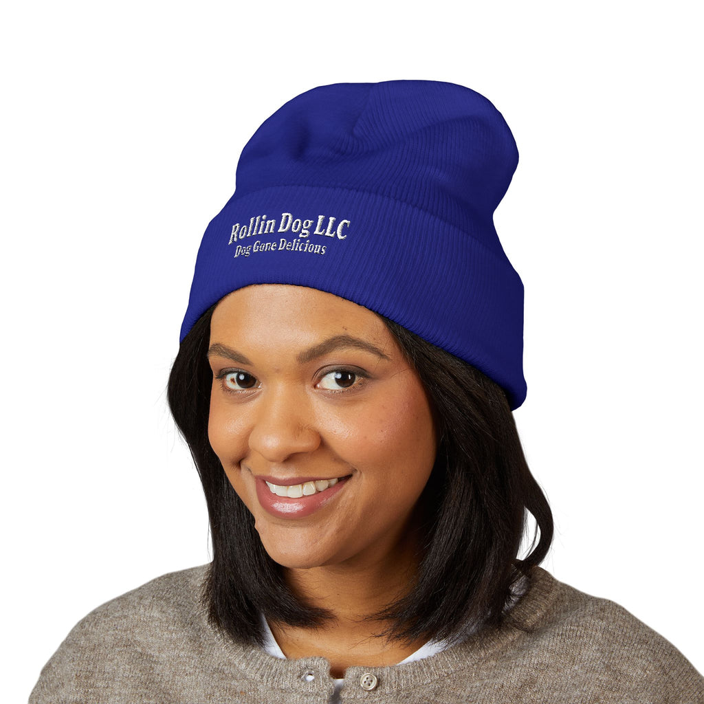 Embroidered Classic White Cuffed Beanie - Rollin Dog LLC Logo