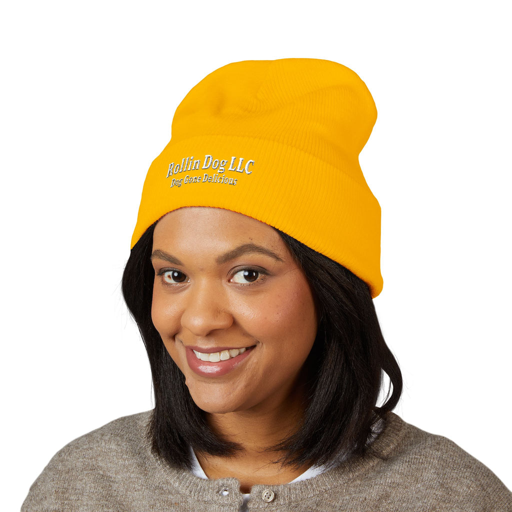 Embroidered Classic White Cuffed Beanie - Rollin Dog LLC Logo