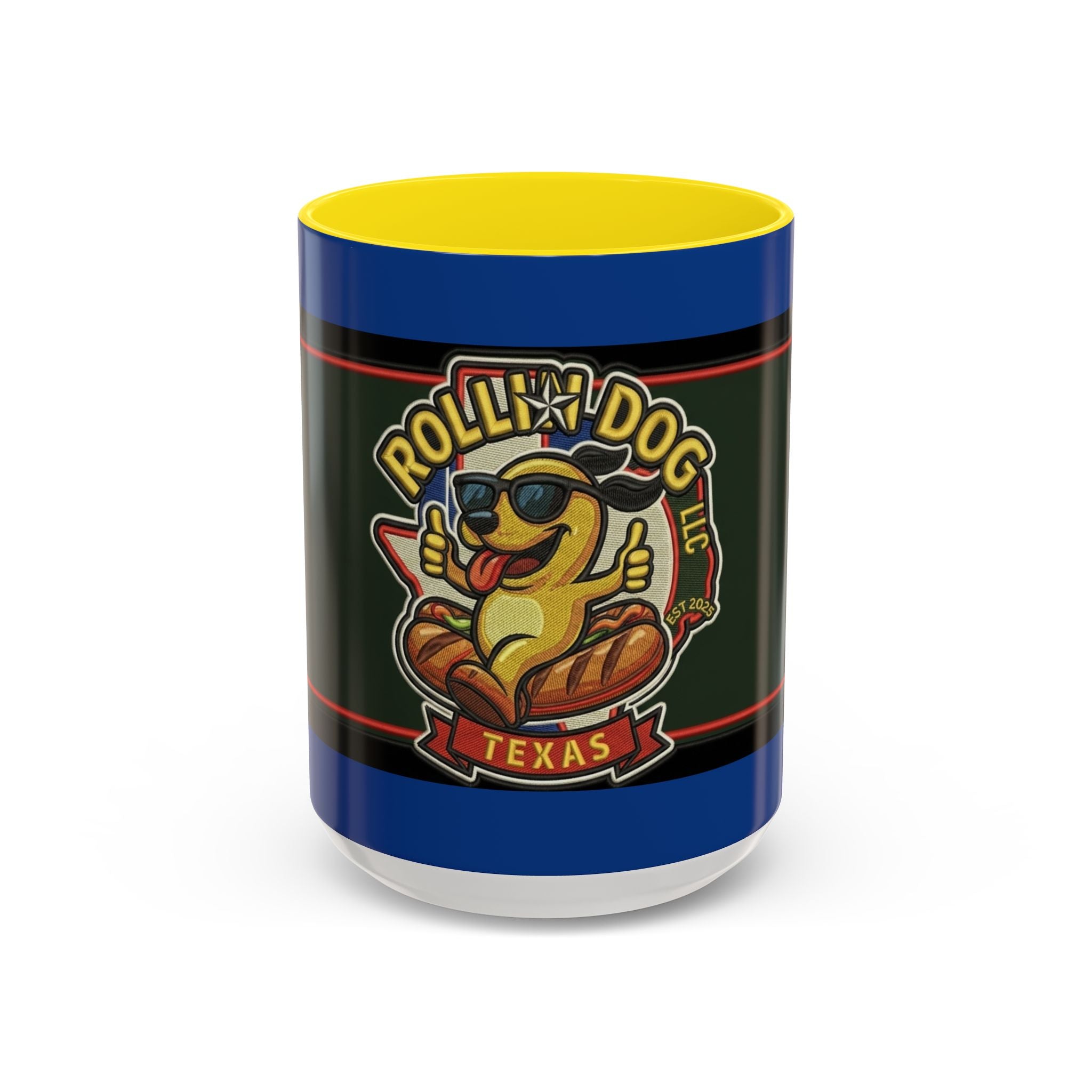 Texas Rollin Dog 'Dog Gone Delicious' Accent Coffee Mug – Fun Hot Dog Logo 11/15oz