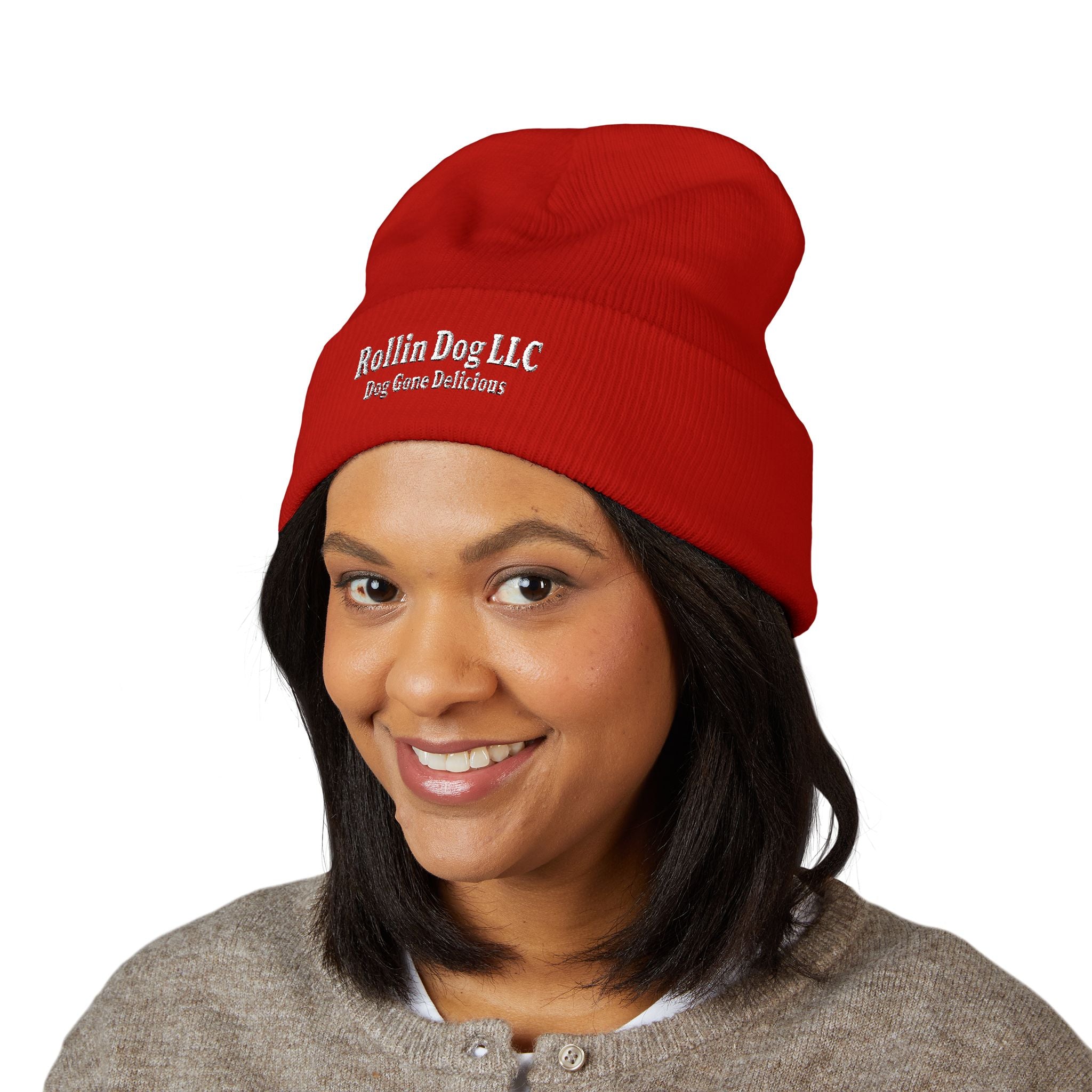 Embroidered Classic White Cuffed Beanie - Rollin Dog LLC Logo