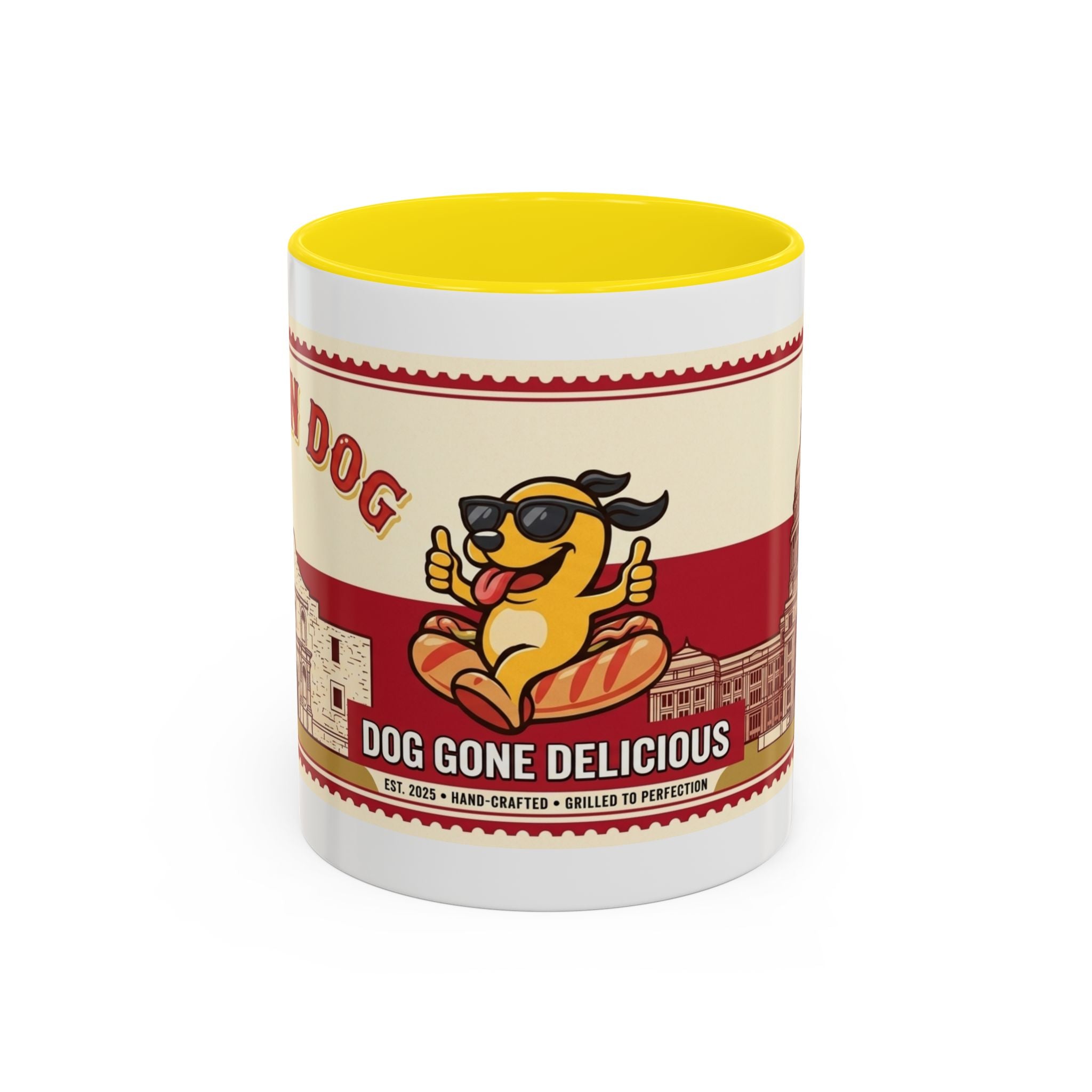 Rollin Dog Coffee Mug — Retro 'Dog Gone Delicious' Hot Dog Design (11/15oz)