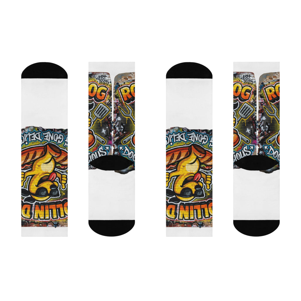Hot Dog  Graffiti Crew Socks — Retro Grill Mascot Cushioned Socks ("Rollin' Dog")