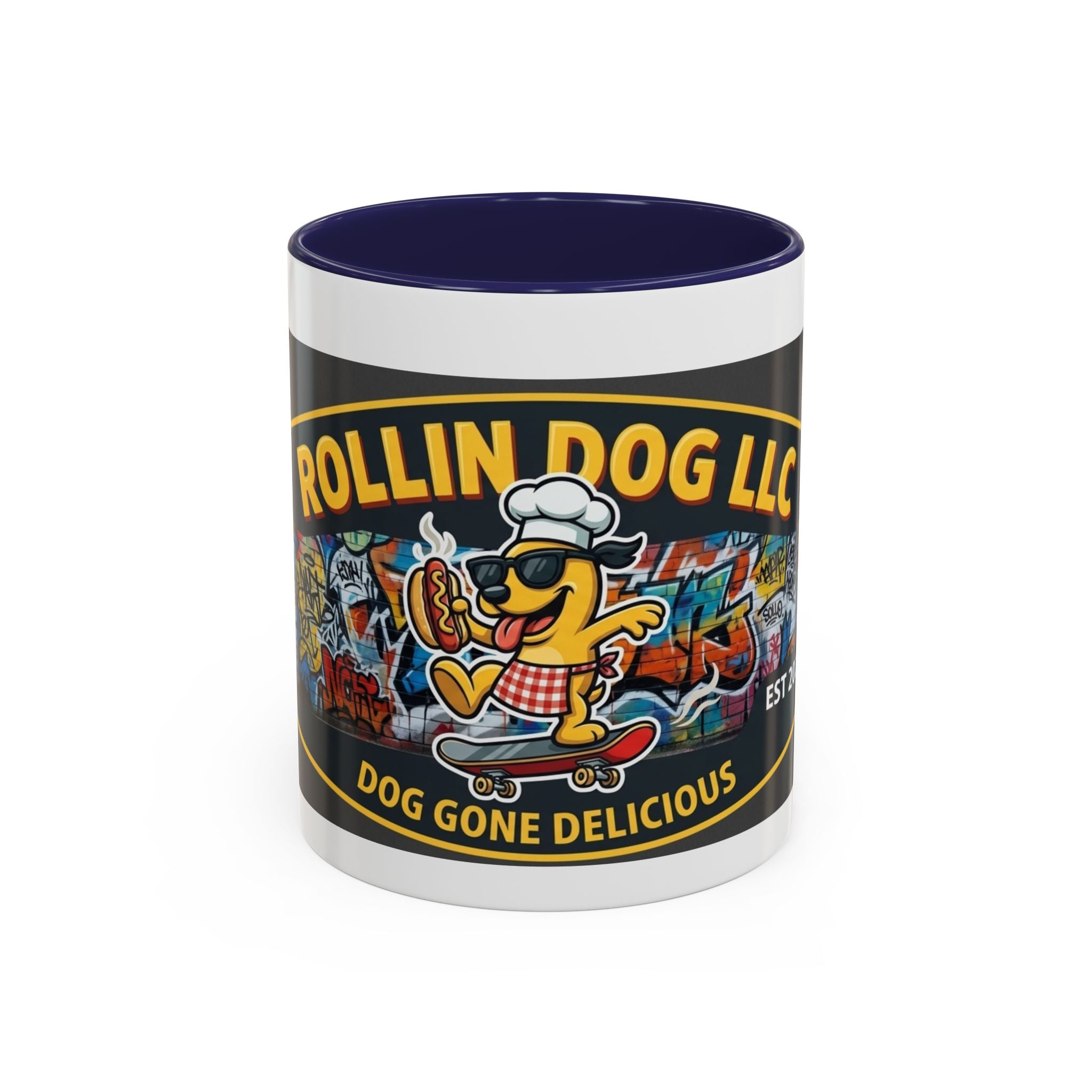 Rolling Dog Coffee Mug — 'Dog Gone Delicious' Skateboard Hot Dog Design