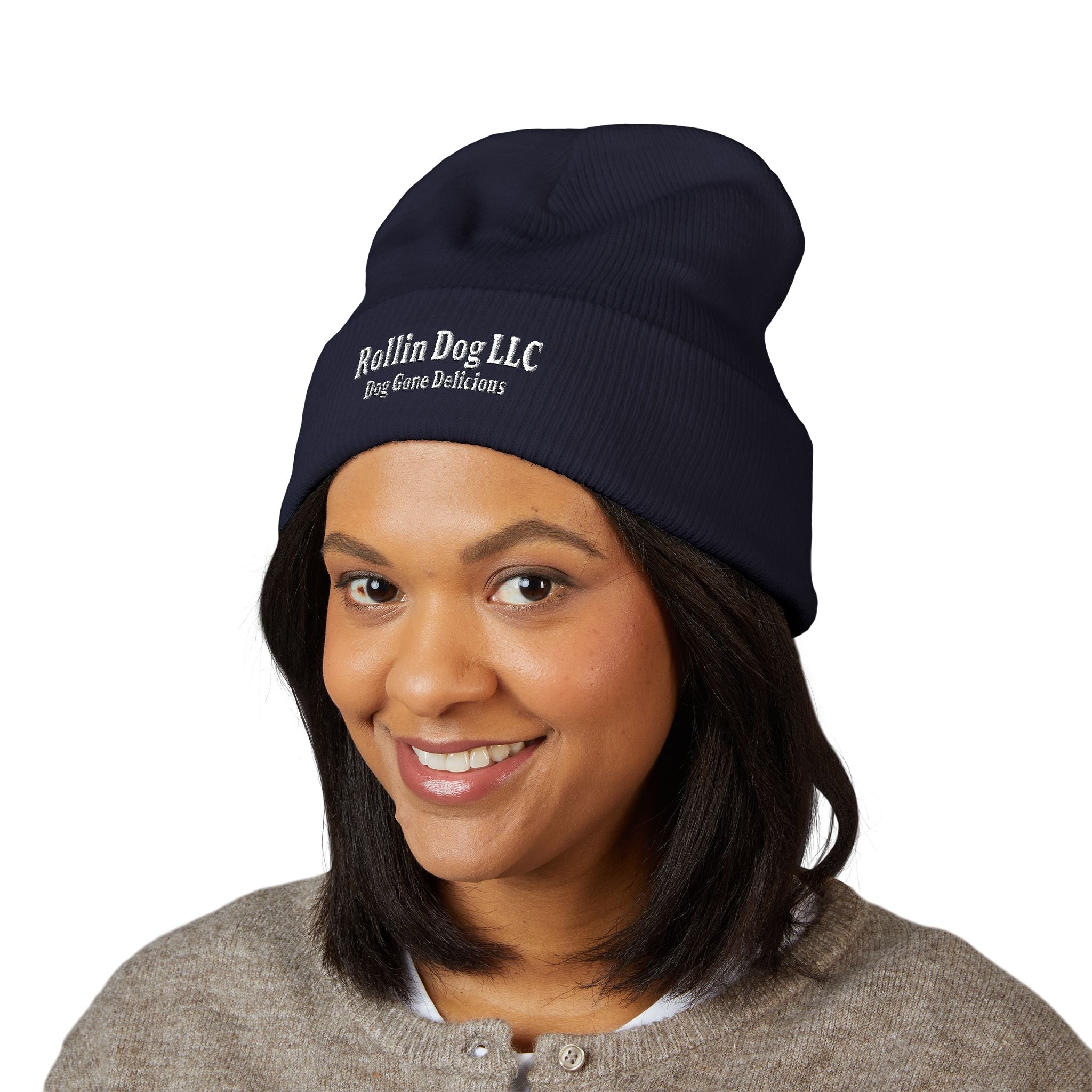 Embroidered Classic White Cuffed Beanie - Rollin Dog LLC Logo