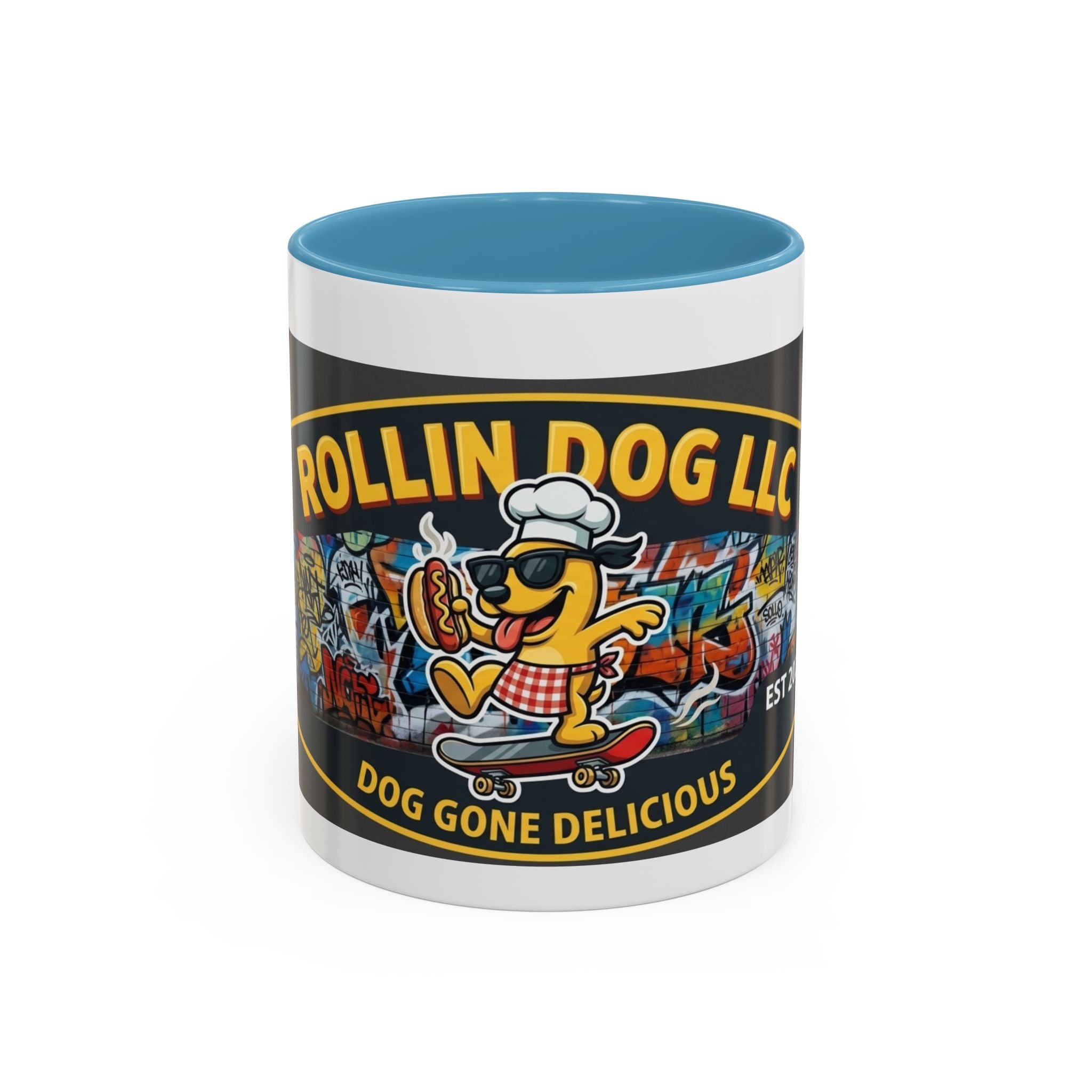 Rolling Dog Coffee Mug — 'Dog Gone Delicious' Skateboard Hot Dog Design