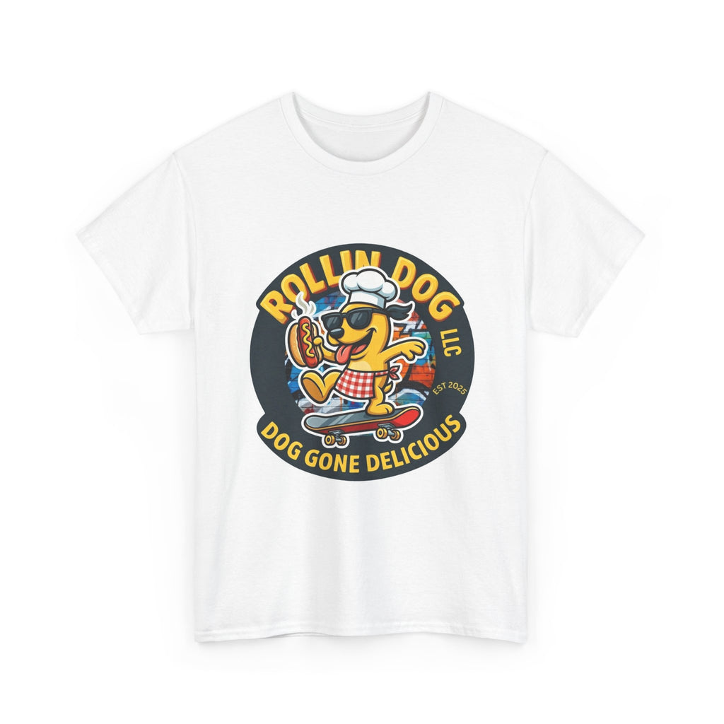 Rollin Dog Skateboard Hot Dog T-Shirt — 'Rollin Dog LLC: Dog Gone Delicious' Vintage Logo Tee