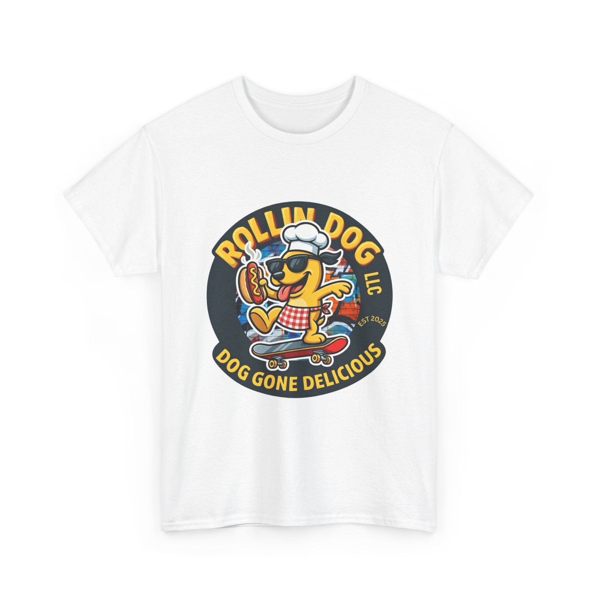 Rollin Dog Skateboard Hot Dog T-Shirt — 'Rollin Dog LLC: Dog Gone Delicious' Vintage Logo Tee