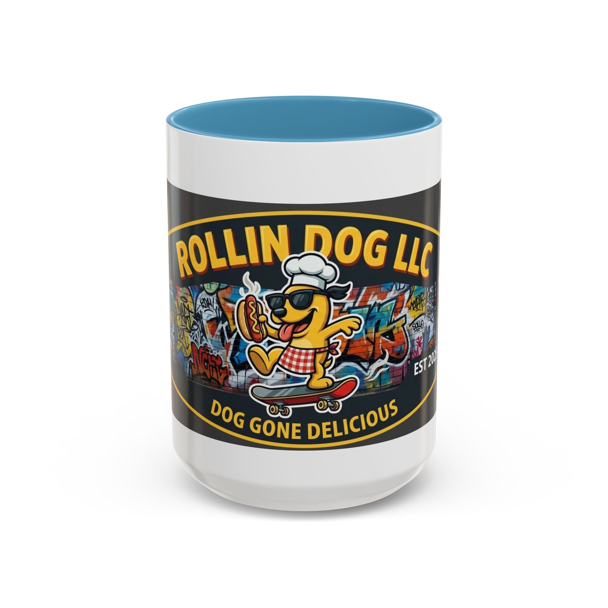 Rolling Dog Coffee Mug — 'Dog Gone Delicious' Skateboard Hot Dog Design